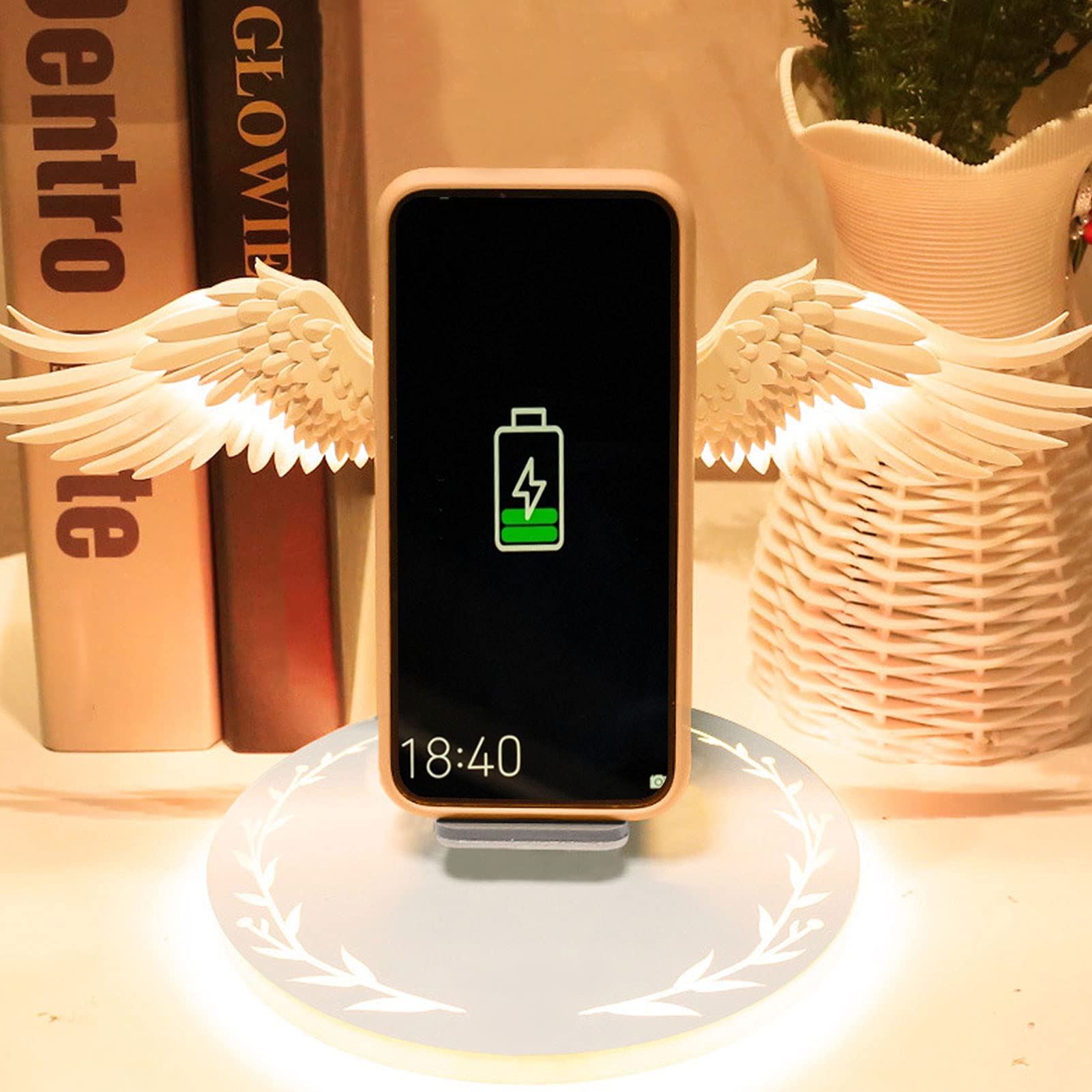 10W Fast Wireless Charging Stand with Angel Wing Design - 7 Color LED Light, Overload Protection, Qi-Certified for iPhone 15/14/13/12, Samsung Galaxy S23/S22/S21, AirPods - Perfect for Bedside, Office & Car Use