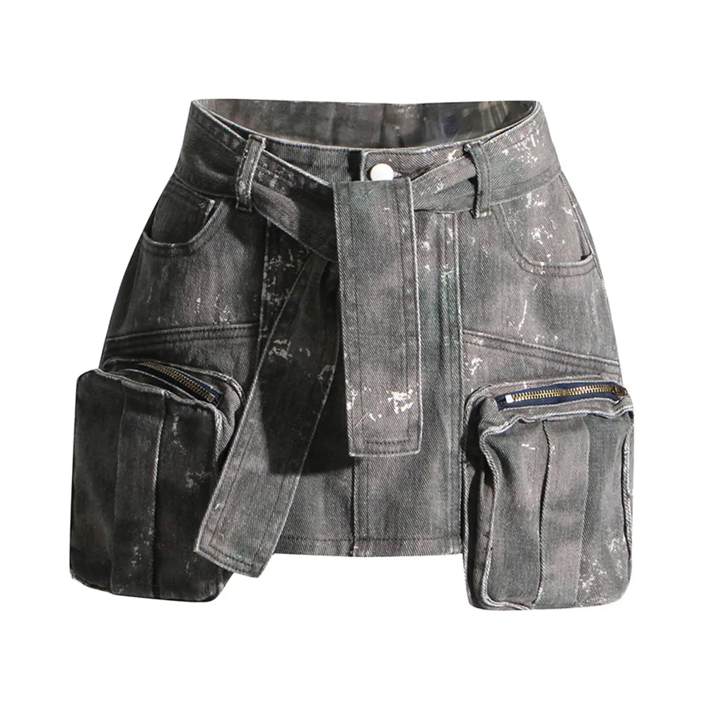Women's High Waist A-Line Denim Skirt - Short Length Patchwork Camouflage Design with Lace Up Detail | Summer Fashion Casual Wear for Outings, Dates & Street Style