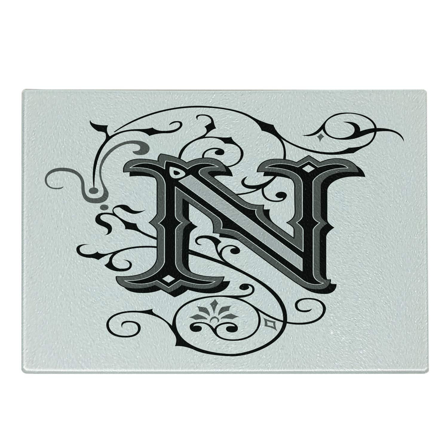 Ambesonne Medieval Letter N Cutting Board - Black & Grey Abstract Design Tempered Glass Serving Board - Small Size for Cheese, Charcuterie & Party Appetizers
