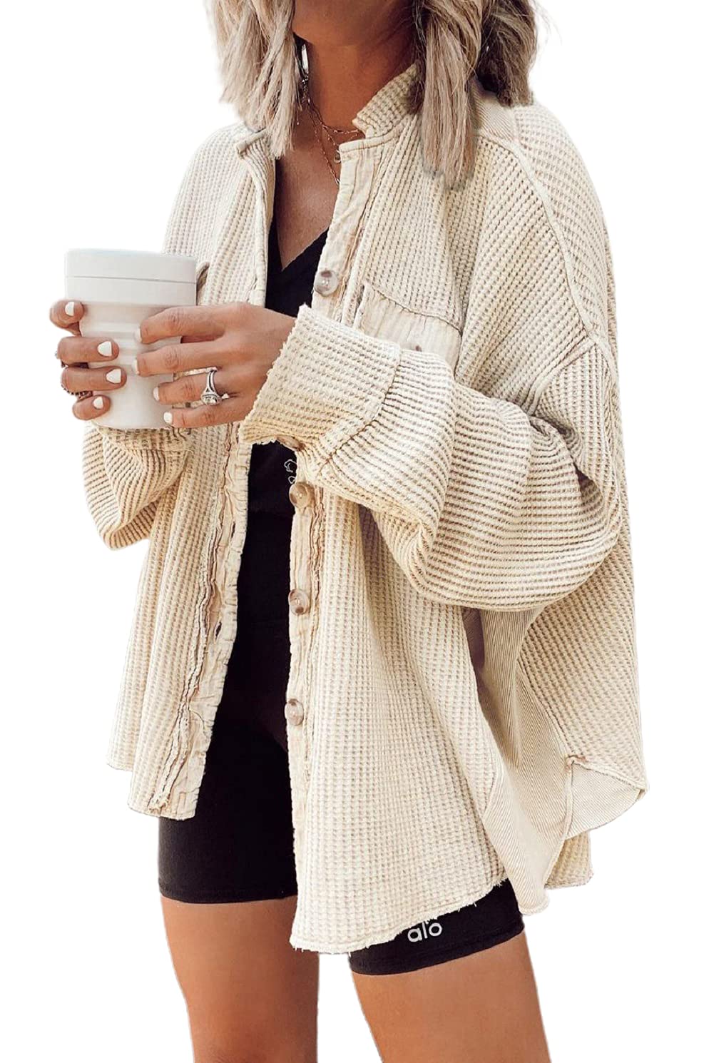 Loveimgs Women's Oversized Waffle Knit Corduroy Shacket - Long Sleeve Button Down Shirt Jacket for Fall | Casual Outfit, Layering Piece & Cozy Outerwear