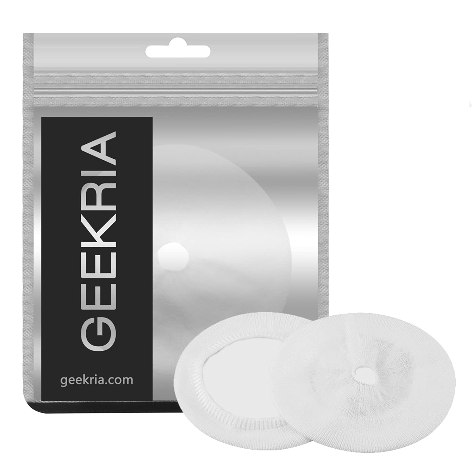 GEEKRIA 2 Pairs Stretchable Headphone Ear Covers - Washable Fabric Earpad Protectors for On-Ear Headphones, Sweatproof & Comfortable (Size S/White) - Perfect for Workouts, Gaming & Travel