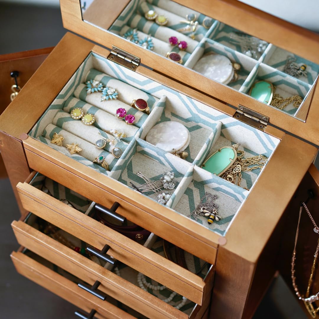 Emma Elegant Jewelry Organizer - 4-Drawer Wooden Chest with Necklace Hooks & 2 Doors - Stylish Dresser-Top Storage Box for Necklaces, Rings & Accessories - Pine Wood Jewelry Box for Bedroom Vanity & Gift Giving
