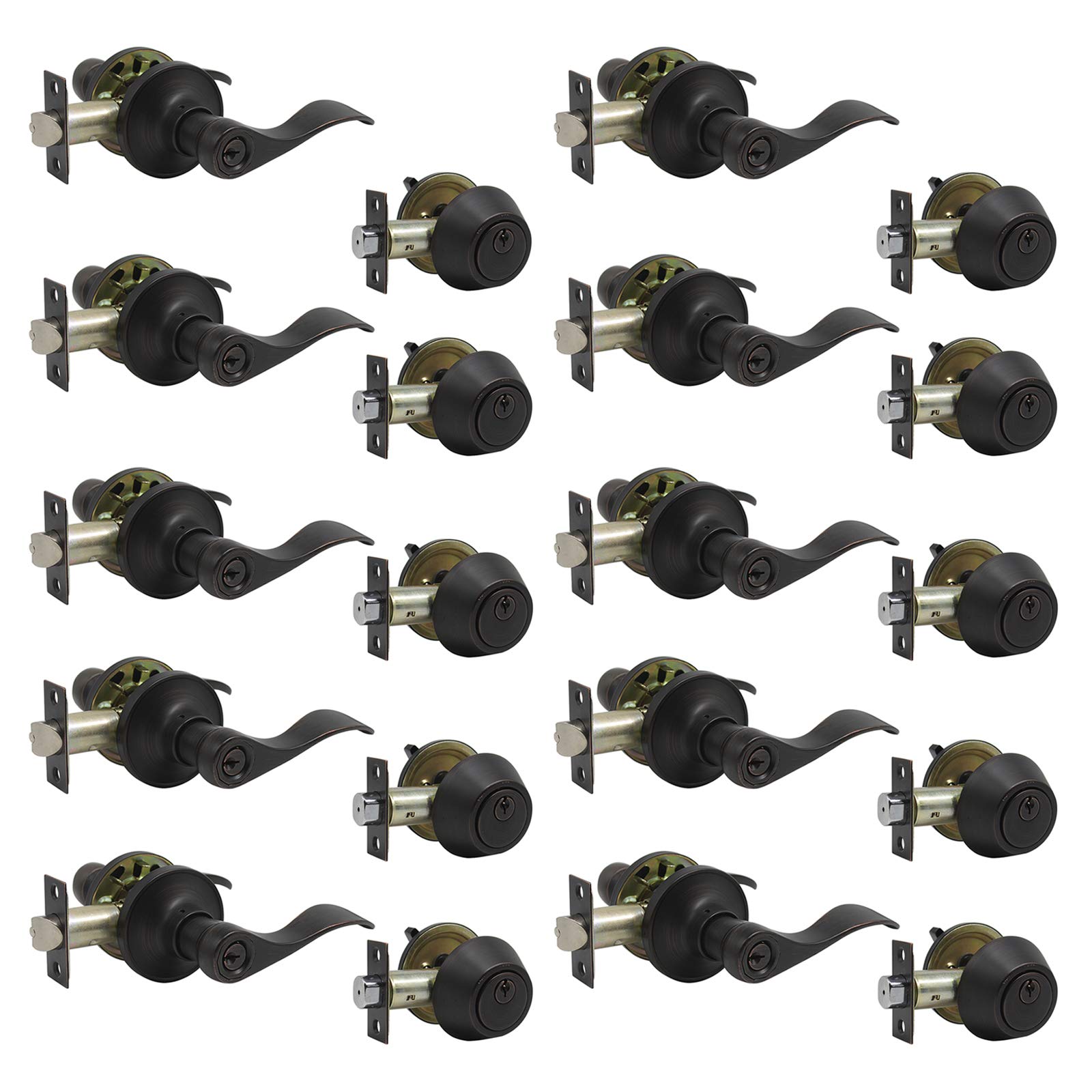 Gobrico 10-Pack Oil Rubbed Bronze Entry Door Lever and Deadbolt Lock Set - Keyed Alike for Front Entrance, Home Security - Perfect for Houses, Apartments & Office Buildings