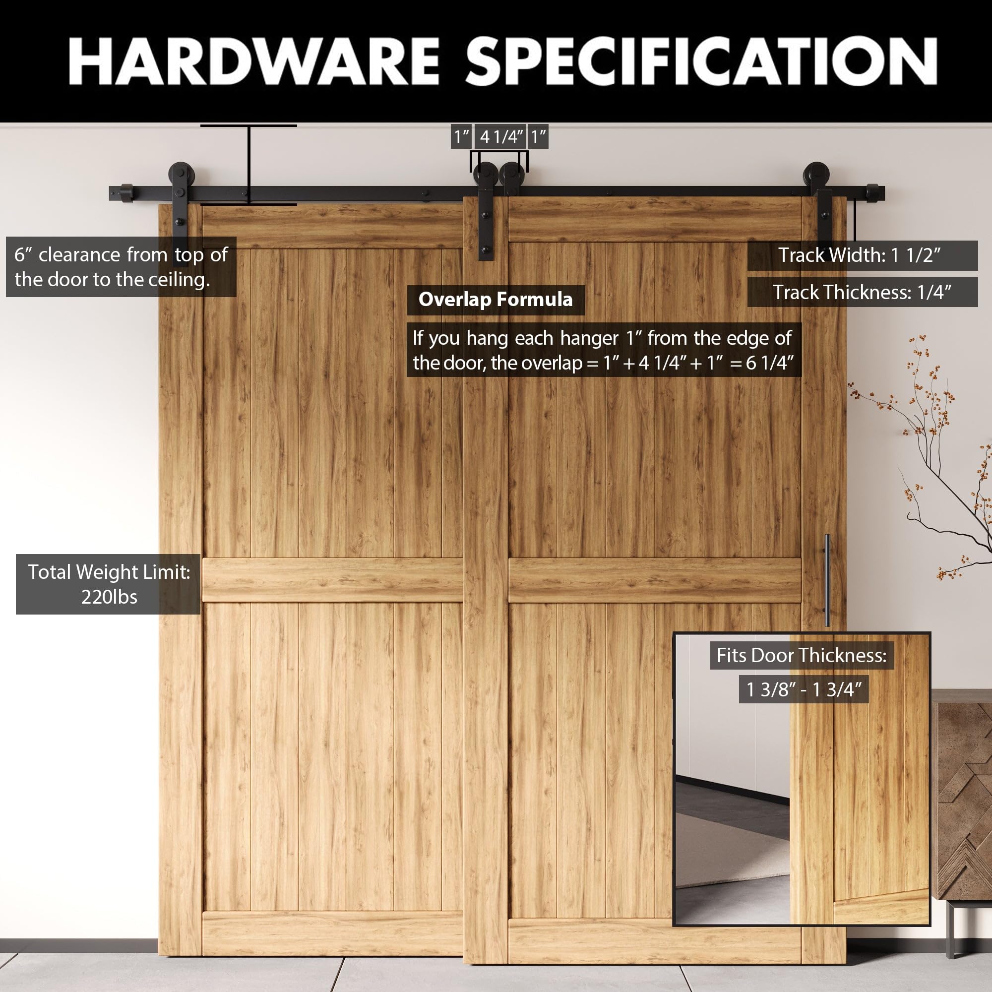 Homacer Black Rustic Single Track Bypass Sliding Barn Door Hardware Kit - 9ft Flat Track for Double Doors | Straight Design Roller | Perfect for Farmhouse, Loft & Industrial Style Homes