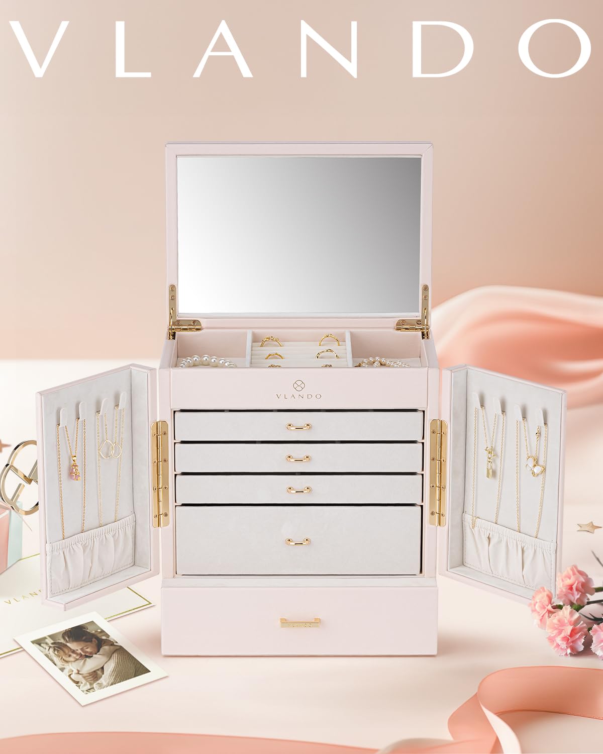 Vlando Large 6-Tier Jewelry Organizer Box with Mirror & 5 Drawers - Faux Leather Watch, Earrings, Necklace, Rings & Bracelet Storage Case - Perfect Gift for Women (Pearl White) - Ideal for Bedroom Vanity, Travel & Wedding Jewelry Organization