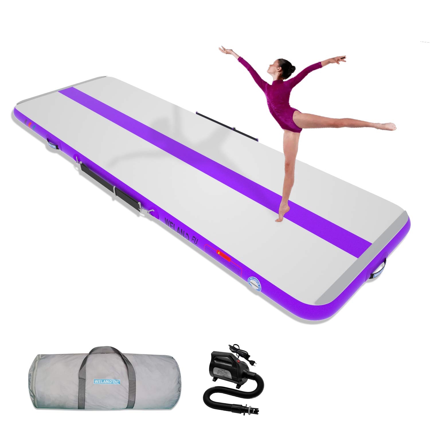 **WelandFun Air Mat Tumble Track 10ft/13ft/16ft/20ft Inflatable Gymnastics Tumbling Mat 4/6/8 inch Thickness – Perfect for Home Gym, Yoga, Cheerleading Training, Outdoor, Beach & Park – Includes Electric Air Pump**