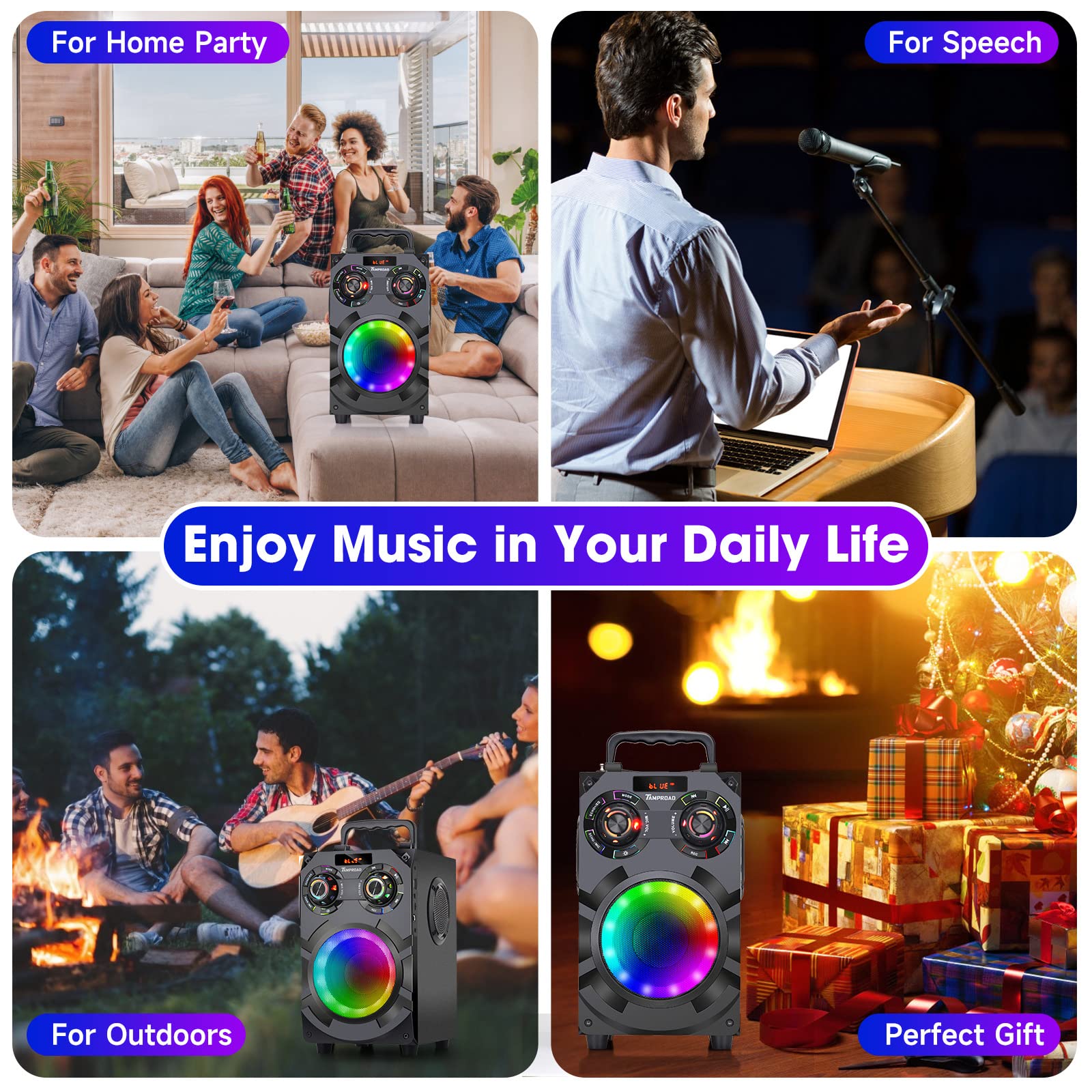 60W Powerful Bluetooth Speaker with Deep Bass Subwoofer - Wireless Portable Speaker with Bluetooth 5.0, FM Radio, LED Lights & 8000mAh Battery - Ideal for Home Parties, Outdoor Gatherings, Karaoke & Gift Giving
