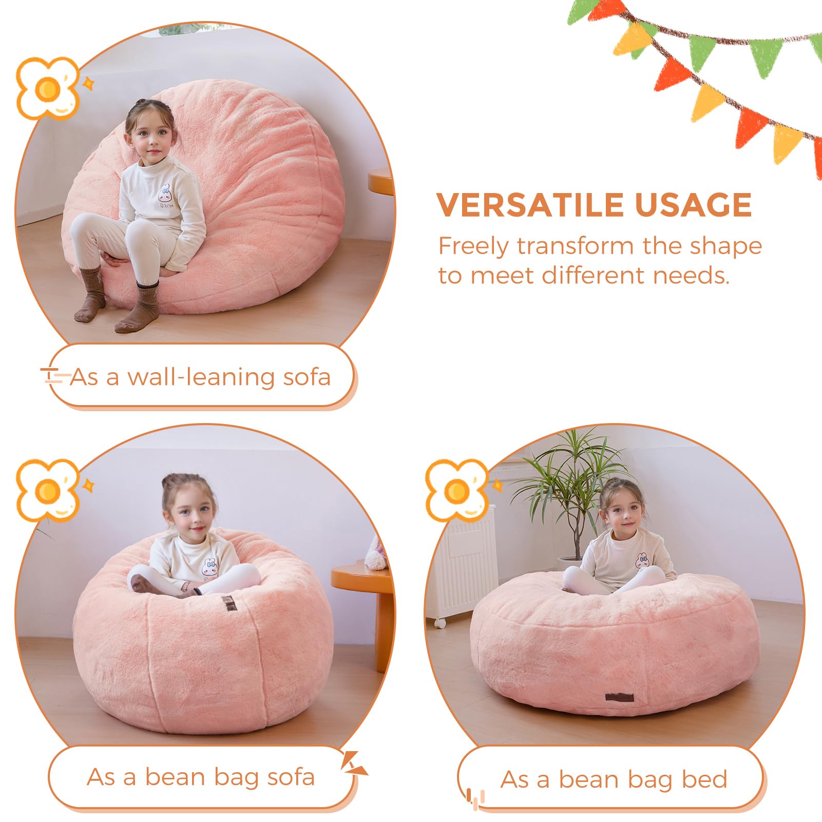 MAXYOYO 3-in-1 Kids Bean Bag Chair Bed - Convertible Faux Fur Floor Sofa for Children's Room, Gaming & Reading (Pink) | Perfect for Playroom, Bedroom & Dorm Decor