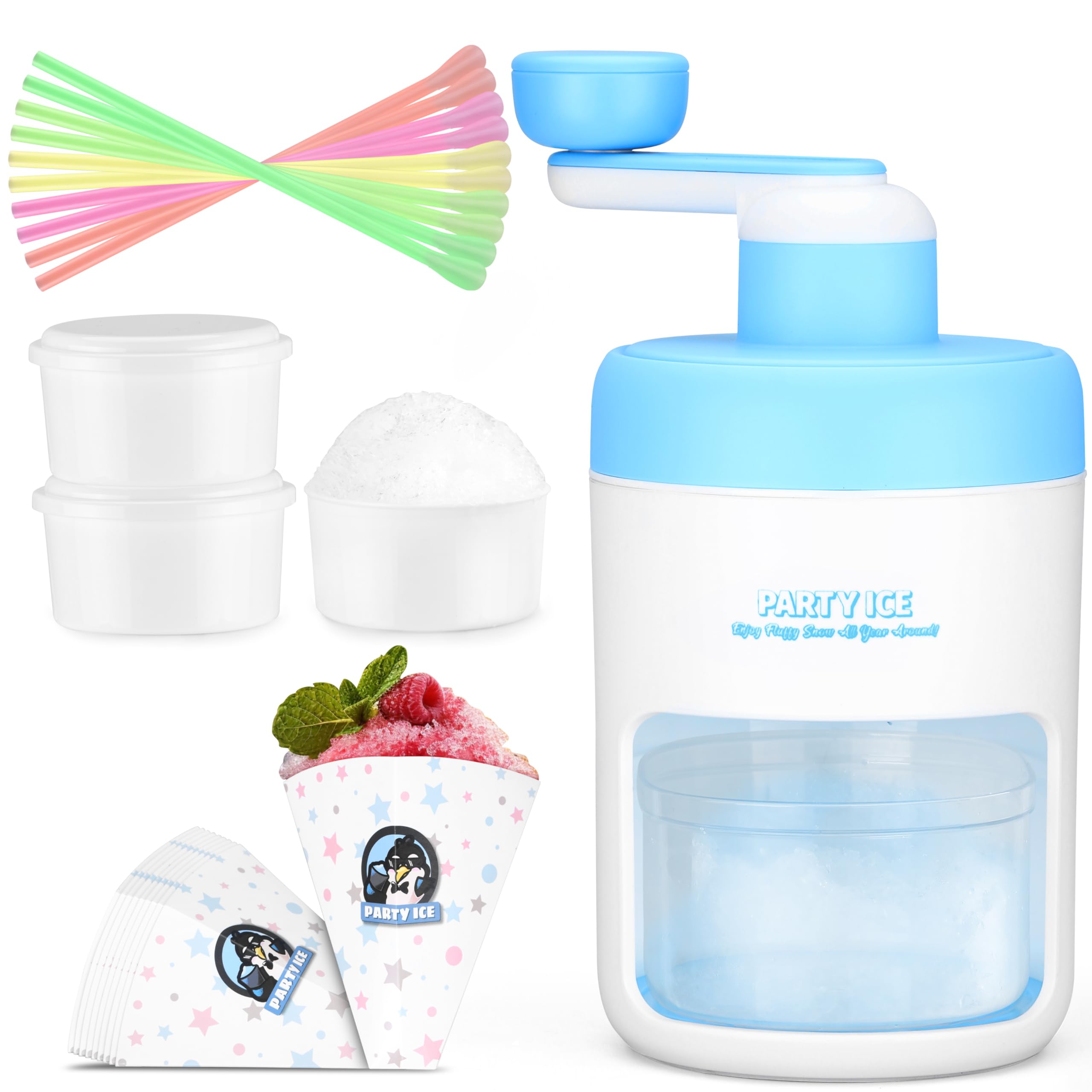Manual Ice Shaver Machine - Portable Snow Cone Maker & Ice Crusher with 10 Cups, 10 Spoons, Straws & Recipe Book (Blue) - Perfect for Home Parties, Summer Treats & DIY Frozen Desserts