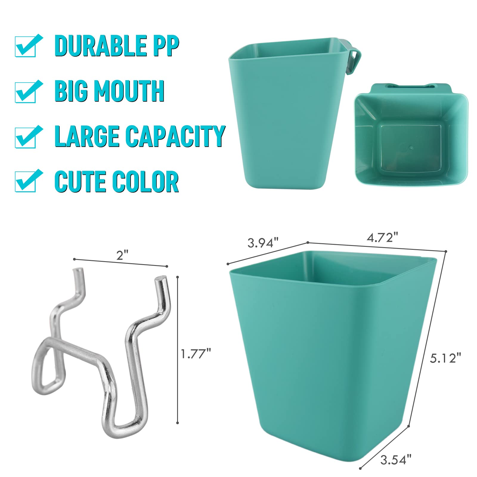 G.CORE Large Pegboard Storage Bins 6-Pack with Hooks - Square Pegboard Cup Holders for Garage, Workshop, Craft Room, Office & Kitchen Organization (Green) - Perfect for Tools, Craft Supplies & Home Organization