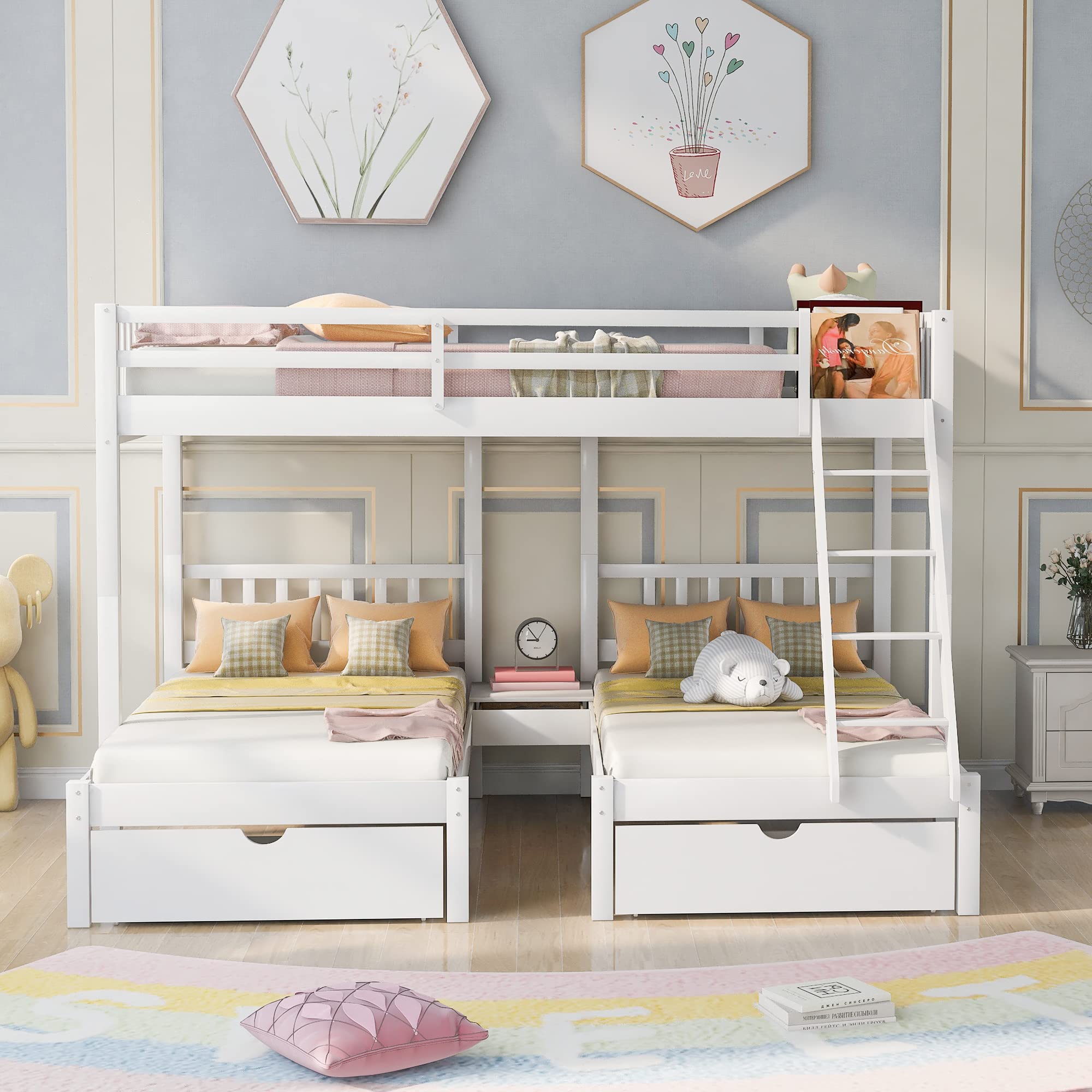 Wood Triple Bunk Bed with 3 Drawers & Guardrails - Full Over 2 Twin Bunk Bed for Family & Teens - No Box Spring Needed - Space Saving Kids Bedroom Furniture for Small Rooms & Vacation Homes
