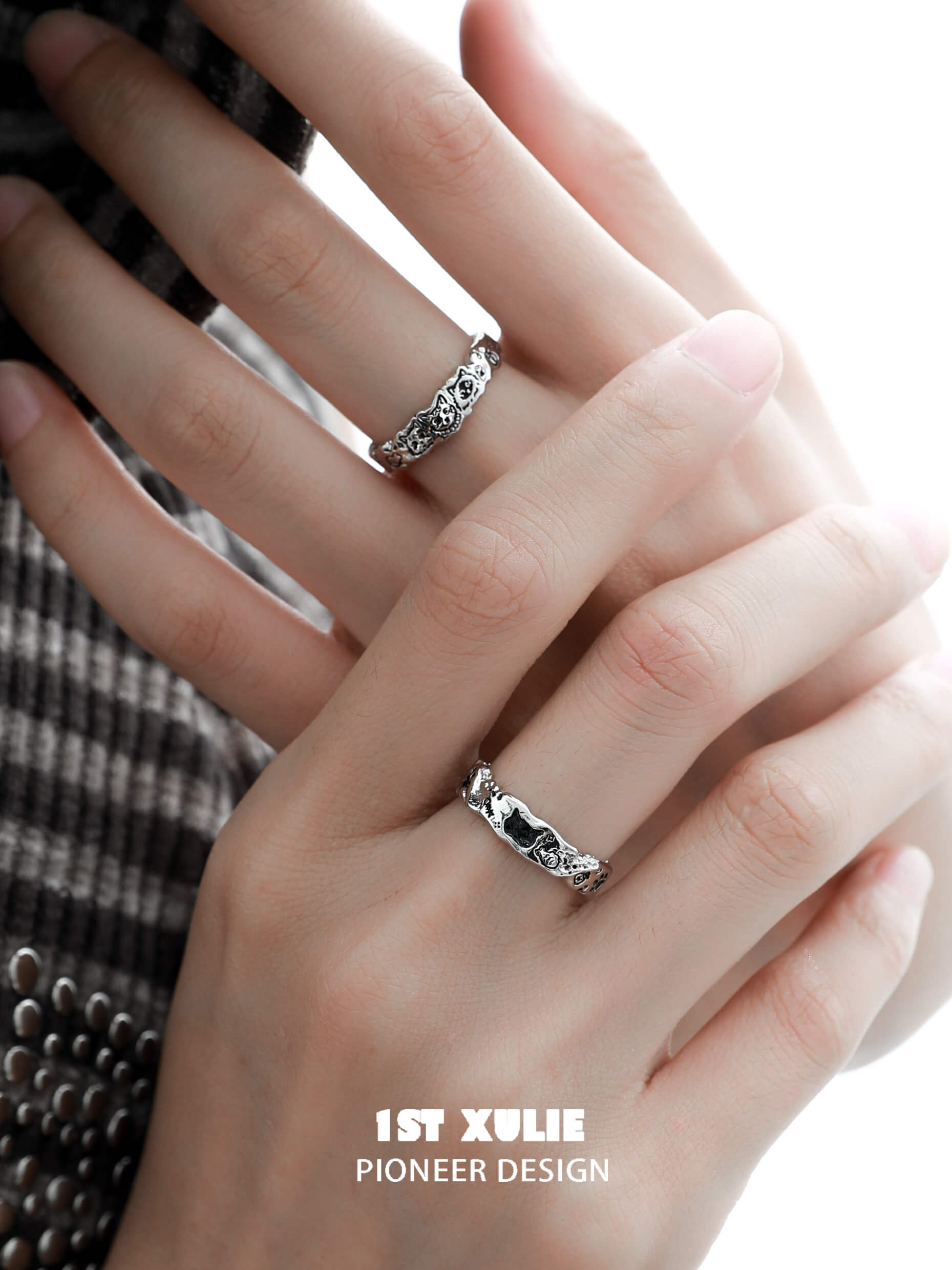 Graffiti Kitten S925 Sterling Silver Cat Carved Rings for Women - Handmade Vintage Boho Jewelry, Perfect Gift for Cat Lovers & Unique Fashion Statement