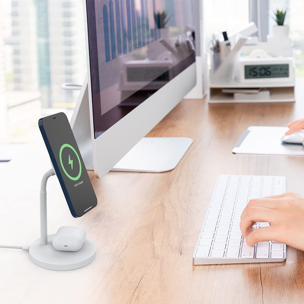 Techsmarter 2-in-1 Magnetic Wireless Charging Stand with 20W Fast Charger & 5ft USB-C Cable - Compatible with iPhone 12/13/14/15, AirPods Pro & Wireless Charging Cases | Perfect for Bedside, Office Desk & Travel Charging Station