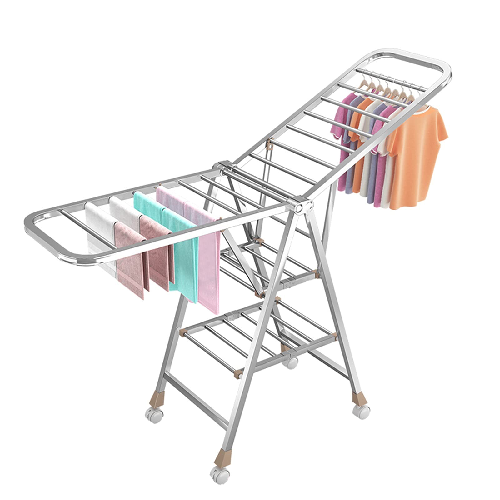 Stainless Steel Folding Clothes Drying Rack with Hanging Rods, Sock Clips & Shoe Hangers - Adjustable Gullwing Design for Space Saving - Ideal for Laundry Room, Balcony or Small Apartments (180cm)