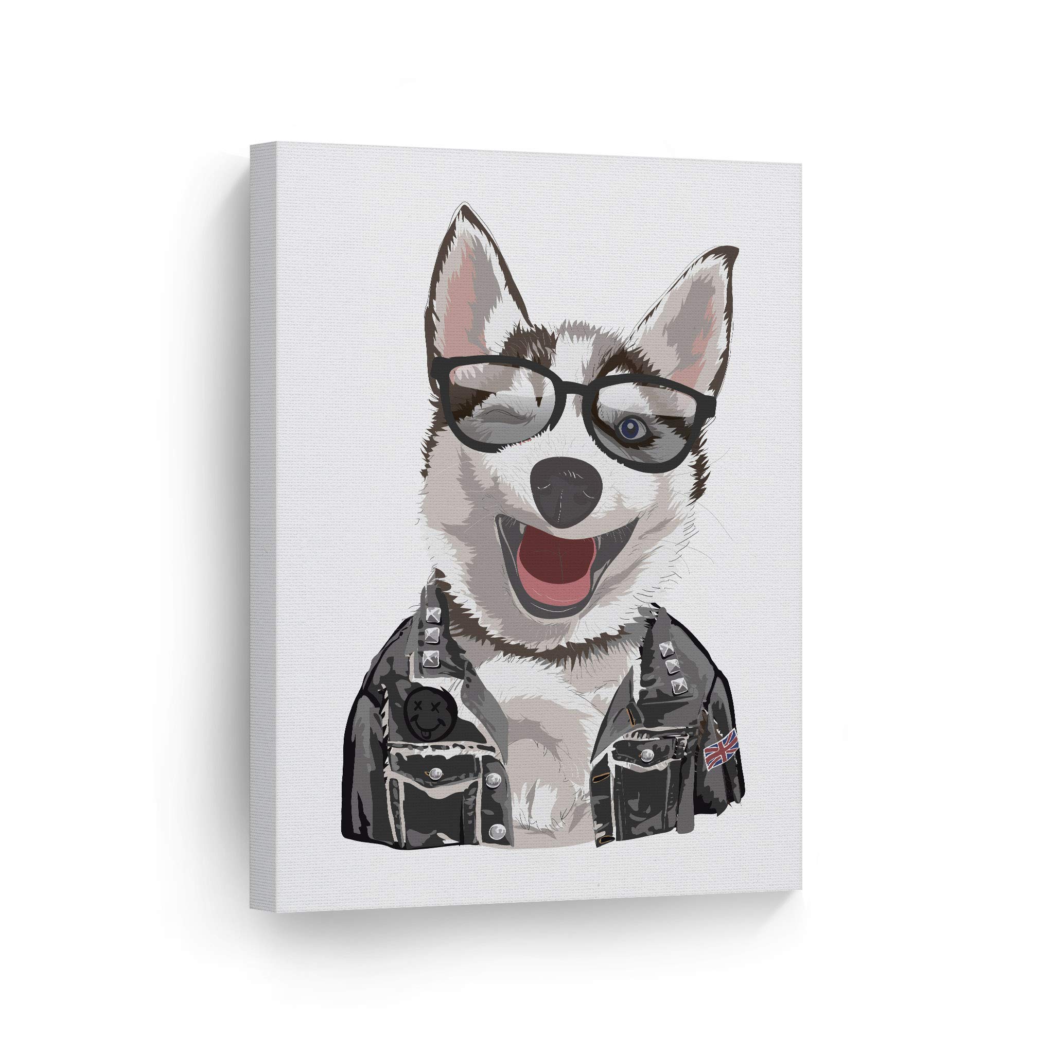 Happy Husky Dog Black Jacket & Glasses Canvas Print - Woodland Animal Wall Art for Pet Lovers, Dog Owner Gift, Nursery & Bedroom Decor (40x30, Rolled) | Perfect for Dog-Themed Rooms, Birthday Presents & Home Decoration