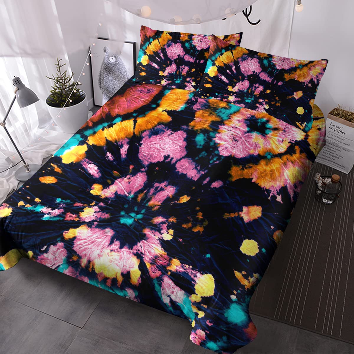 BlessLiving Pink Tie Dye Bedding Set - Trippy Hippie Duvet Cover 3-Piece Set in Girly Neon Teal, Yellow & Black for Girls, Women & Adults (Twin Size) - Perfect for Boho Bedrooms, Teen Rooms & Festival-Themed Decor
