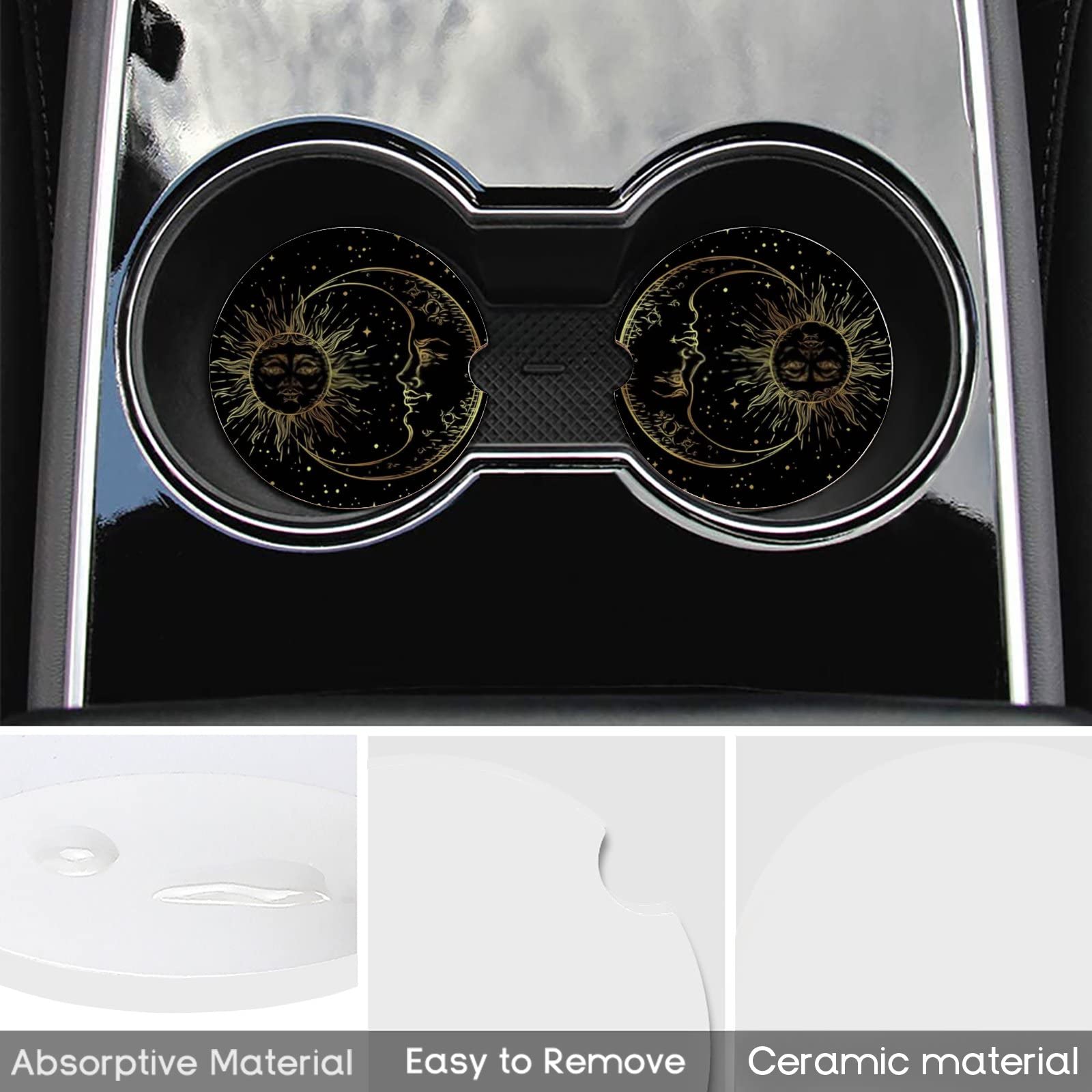 6-Pack Absorbent Ceramic Car Coasters - Golden Sun, Crescent Moon & Stars Boho Design | Non-Slip Drink Coasters for Cup Holders | Perfect Car Accessories Gift for Men & Women | Ideal for Road Trips, Commuting & Daily Driving
