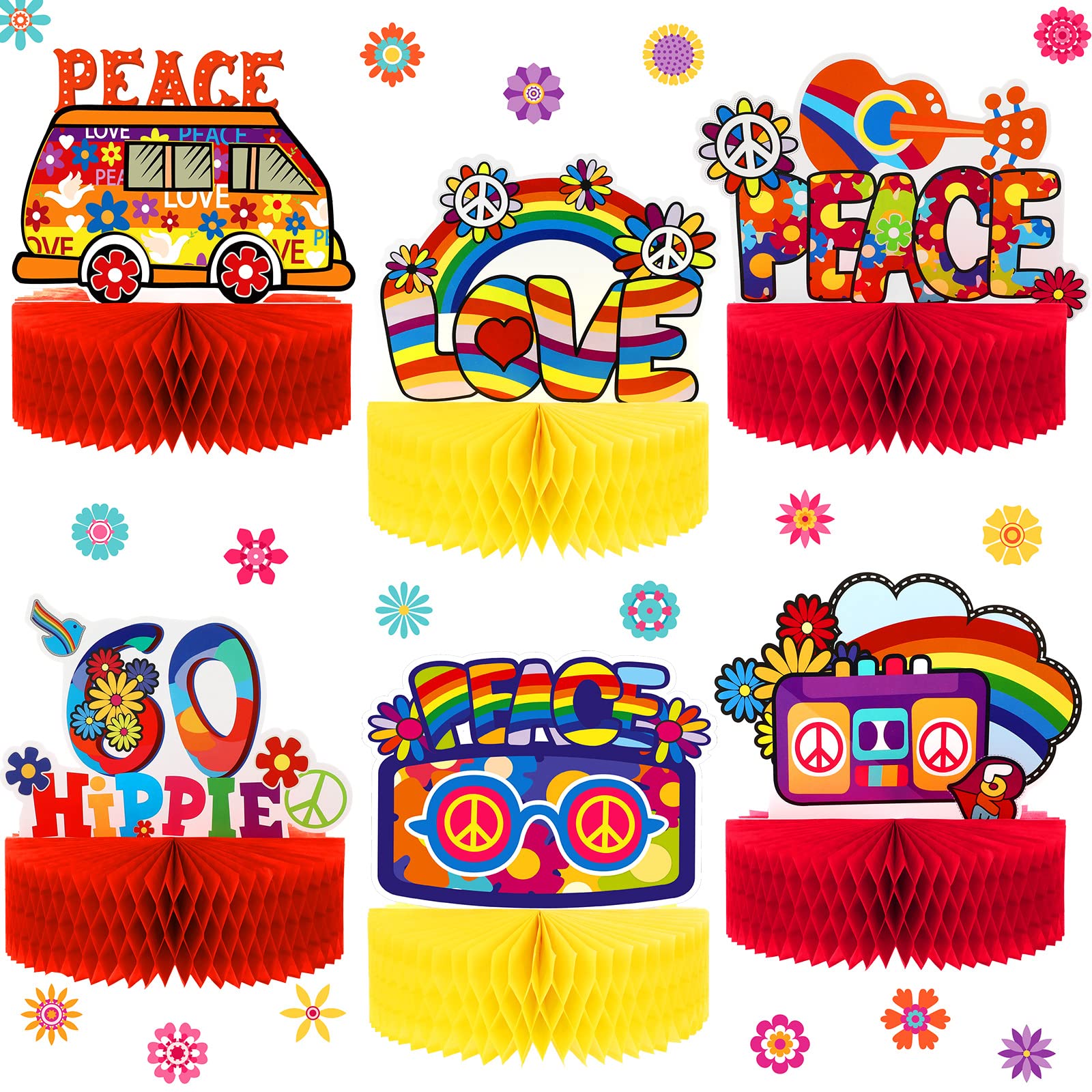 6-Piece 60s Hippie Theme Party Decor Set - Honeycomb Centerpieces, Cake Toppers & Table Signs for Birthday, Transportation Party (7.5 x 7.8 Inch) - Perfect for Retro 60s Themed Parties, Hippie Birthday Decorations & Vintage Celebrations