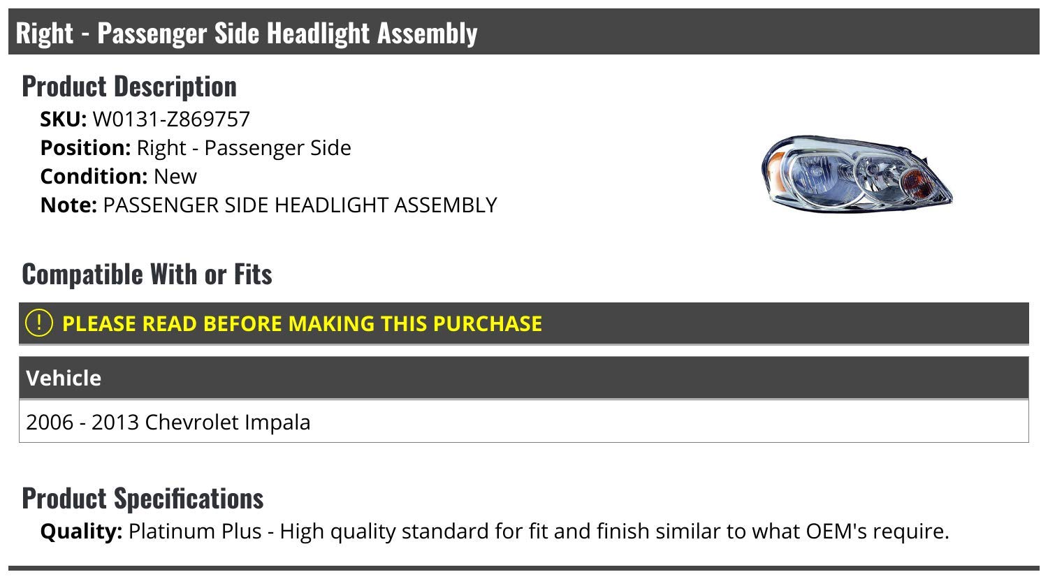 Right Passenger Side Headlight Assembly for 2006-2013 Chevy Impala - OEM Replacement, Halogen Bulb, Easy Installation - Perfect for Night Driving & Auto Repair
