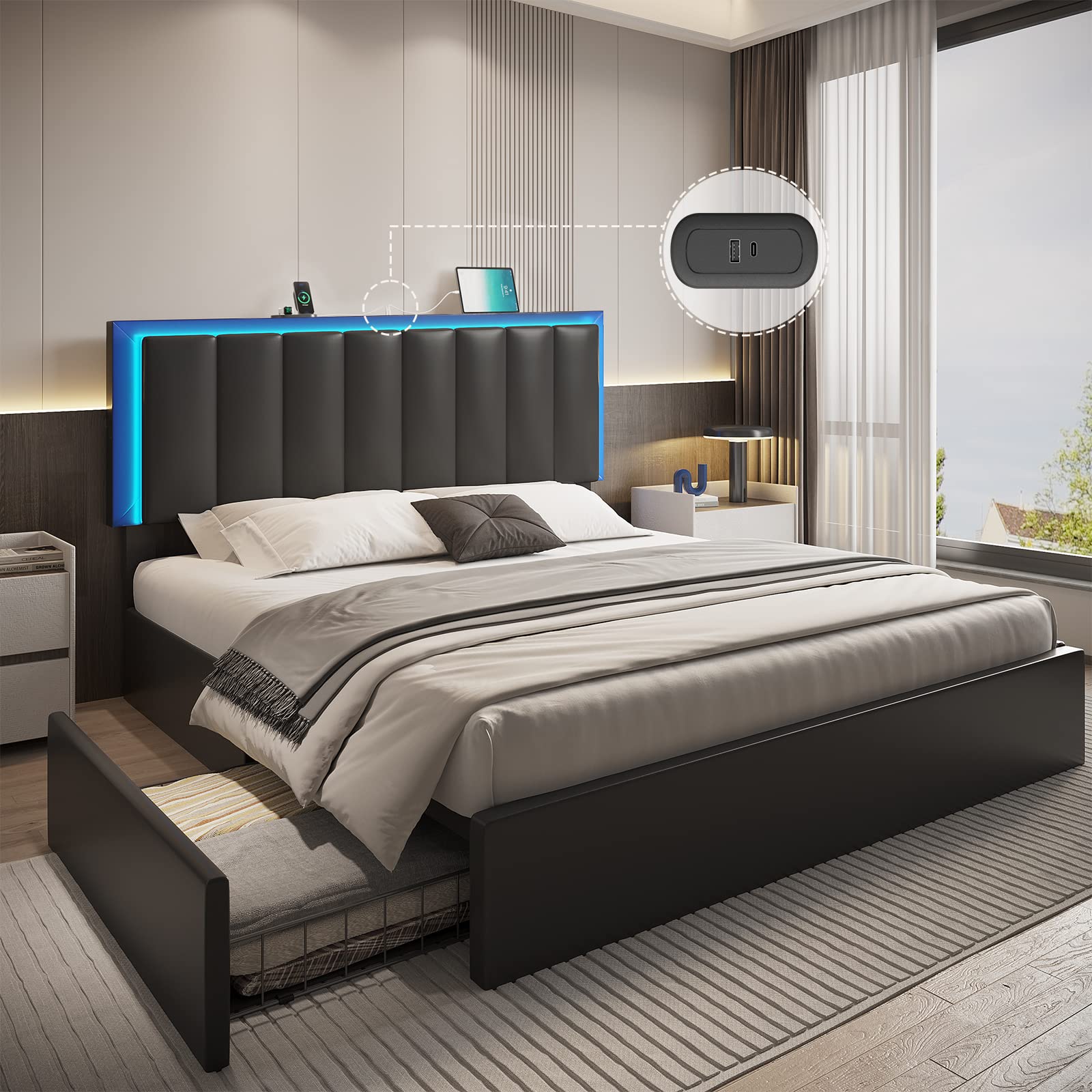 Modern Full Size LED Bed Frame with Headboard & Storage - Upholstered Platform Bed with USB Ports & 4 Drawers, Faux Leather, No Box Spring Needed (Black) - Perfect for Small Bedrooms, Guest Rooms & Contemporary Home Decor