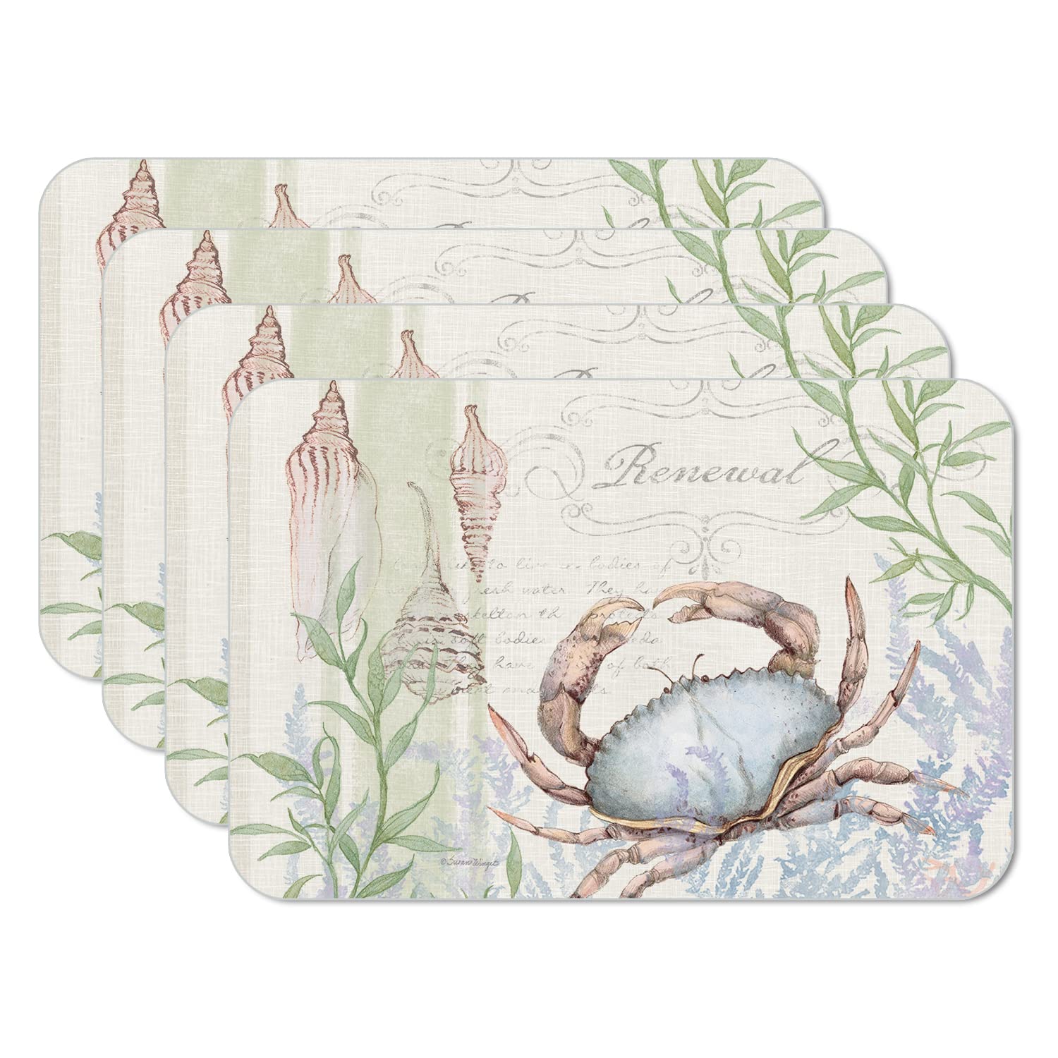 CounterArt Caribbean Sea Crab 4 Pack Reversible Plastic Placemats - BPA Free, Dishwasher Safe, Easy Wipe Clean - USA Made for Dining Table, Kitchen, Party & Outdoor Use