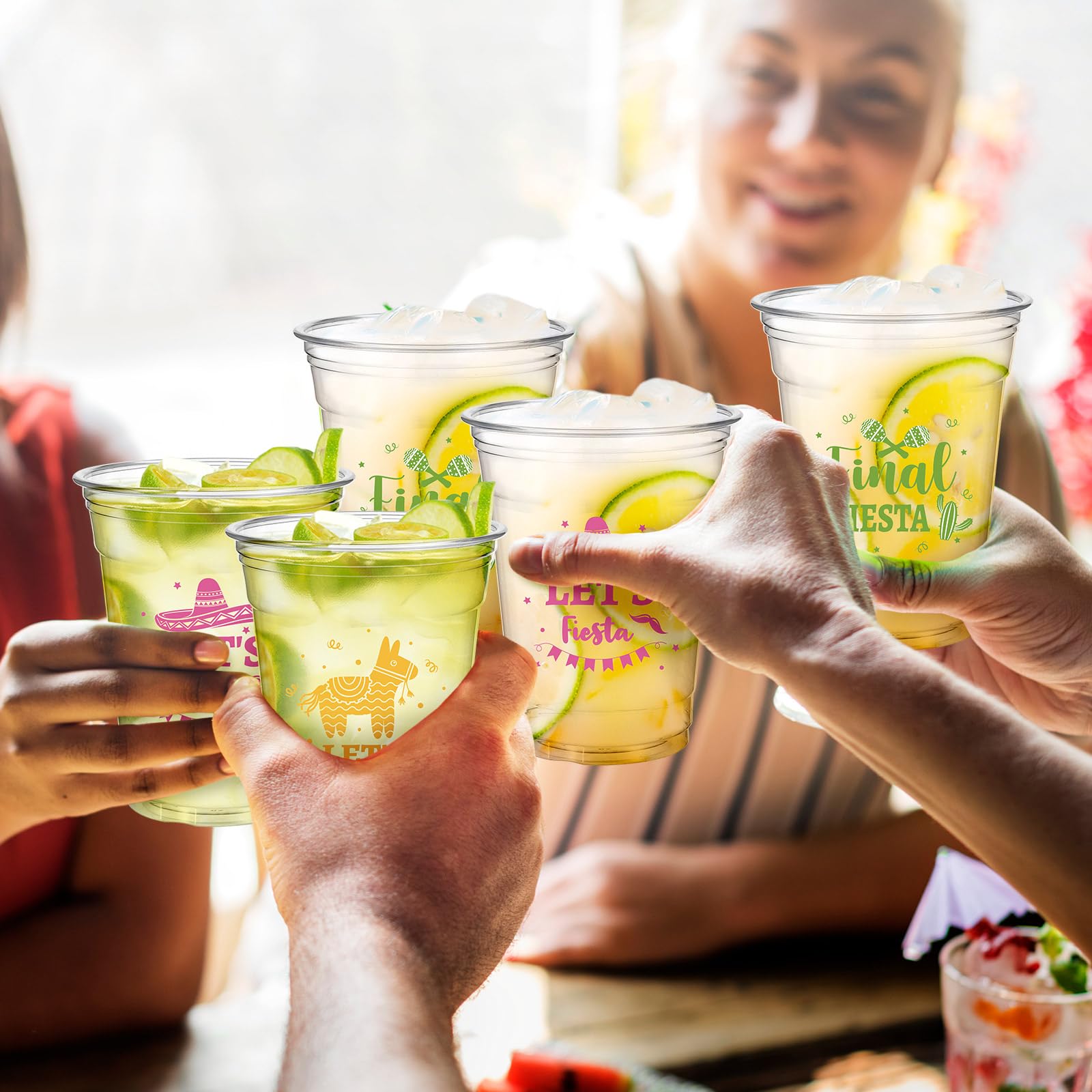 150 Pcs 12 oz Clear Plastic Disposable Fiesta Cups - Mexican Theme Party Supplies for Cinco de Mayo, Taco Tuesday & Summer Celebrations - 3 Stylish Designs (Bulk Pack)