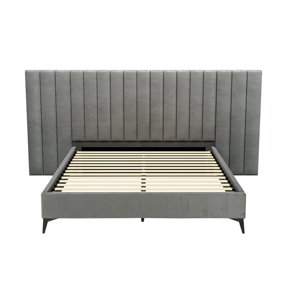 Burnett Queen Bed Frame with Oversized Headboard - Soft Velvet Upholstery in Elegant Grey | Perfect for Master Bedroom, Guest Room & Apartment Decor