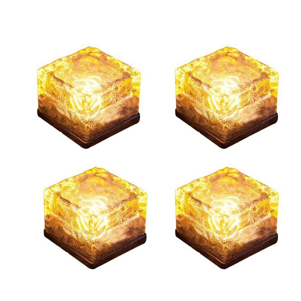 Solar Powered LED Glass Brick Lights - 4 Pack Warm White Square Cube Landscape Lighting for Outdoor Path, Yard, Garden, Christmas Decor - Waterproof & Durable Frosted Glass Design