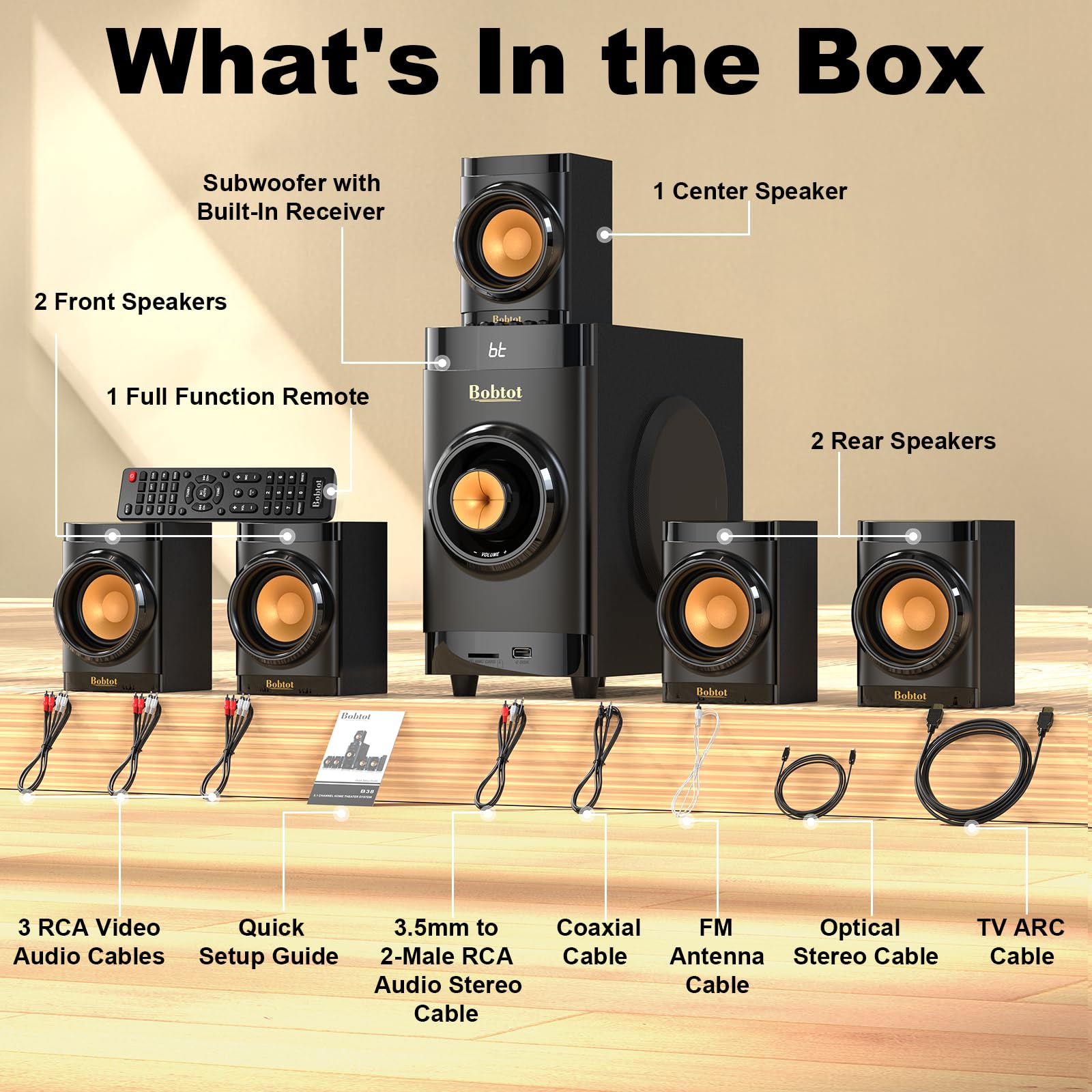 5.1 Channel Home Theater System with 4-Inch Subwoofer & Wired Speakers - HDMI ARC, Optical, Bluetooth Input for TV, Projector | Perfect for Movie Nights & Gaming Setup