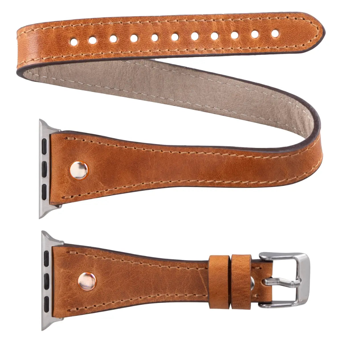 Camel Brown Leather Double Tour Slim Apple Watch Band with Gold Rivet - Stylish & Durable Replacement Strap for Work, Travel & Everyday Wear