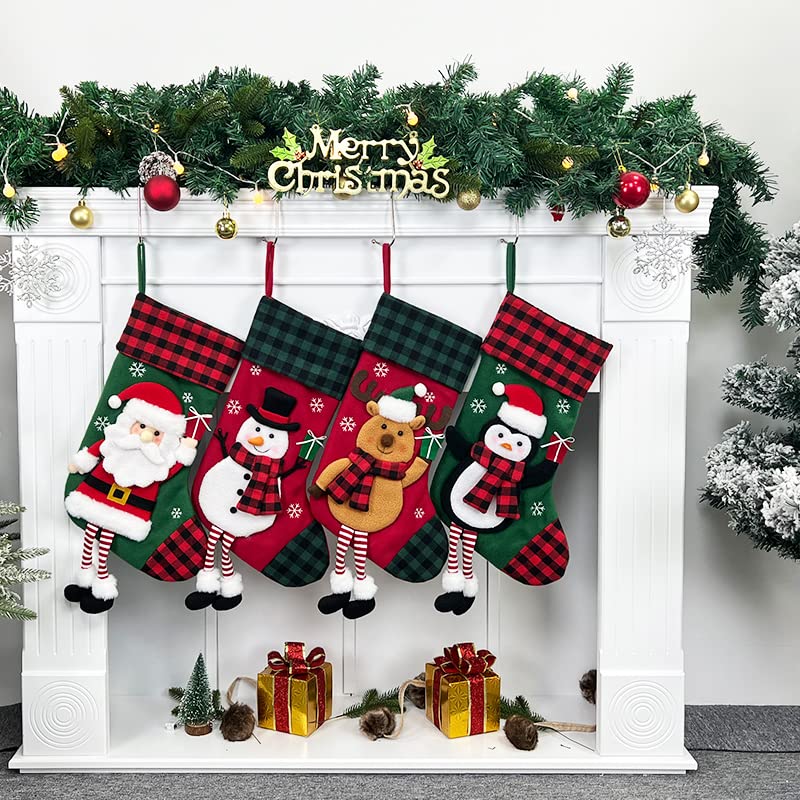 2 Pack Personalized Christmas Stockings - 3D Buffalo Plaid Red & Green Large Fireplace Hanging Stockings for Holiday Decor - Family Xmas Stocking Set of 2 - Perfect for Fireplace Mantel, Staircase & Festive Home Decor