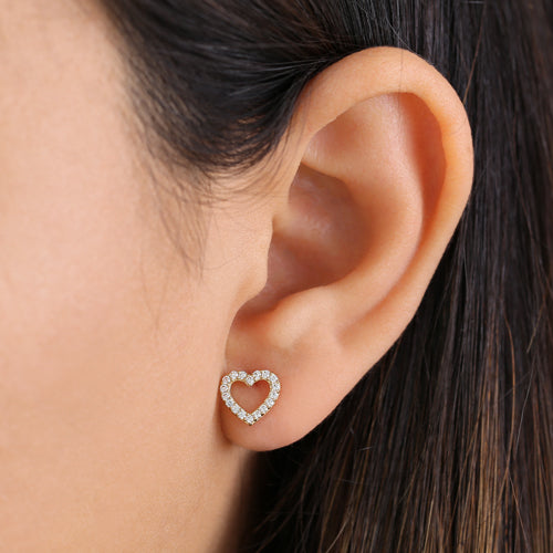 14K Solid Yellow Gold Heart Stud Earrings with Round CZ Stones - Perfect for Valentine's Day, Anniversary Gifts & Everyday Elegance