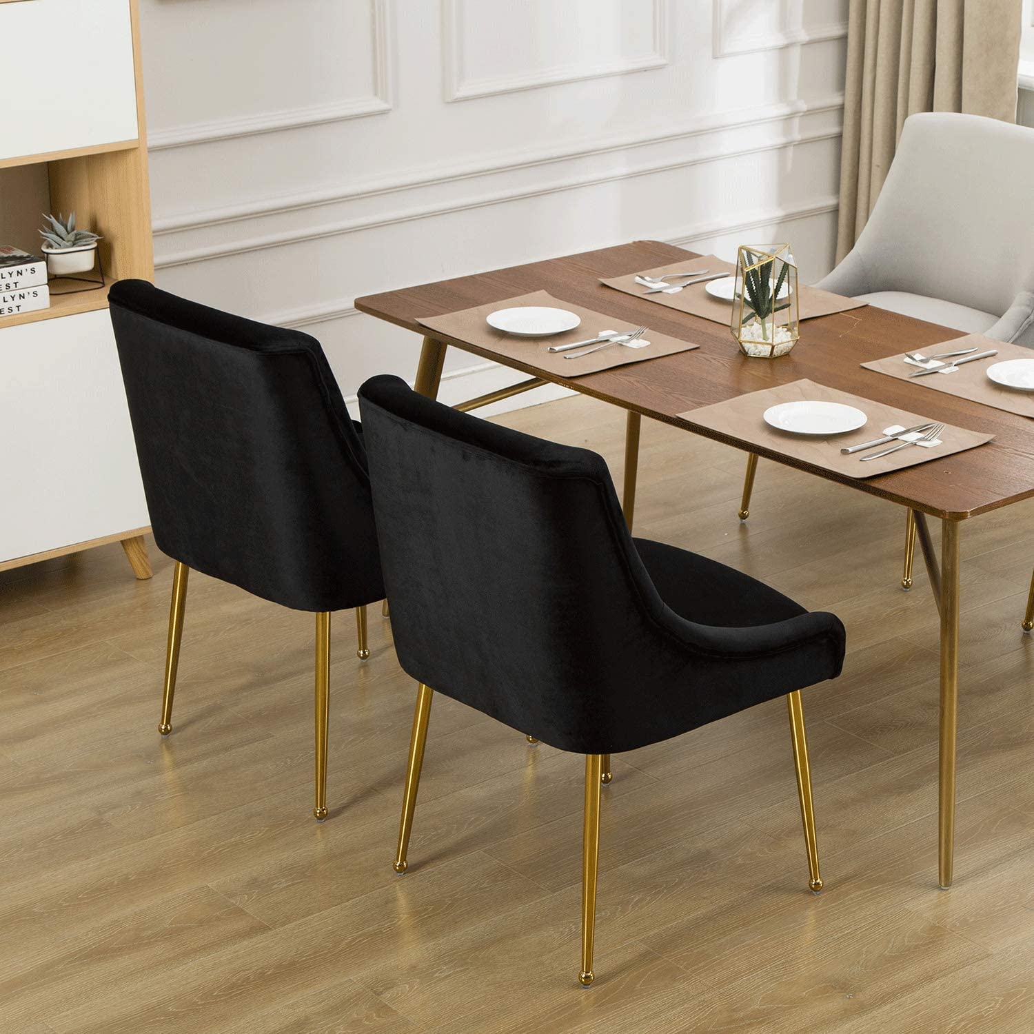 ZhengHao Black Velvet Dining Chairs Set of 4 - Mid Century Modern Upholstered Chairs with Gold Metal Legs for Kitchen, Living Room, Dining Room & Patio | Elegant Home Decor & Comfortable Seating for Dinner Parties & Family Gatherings