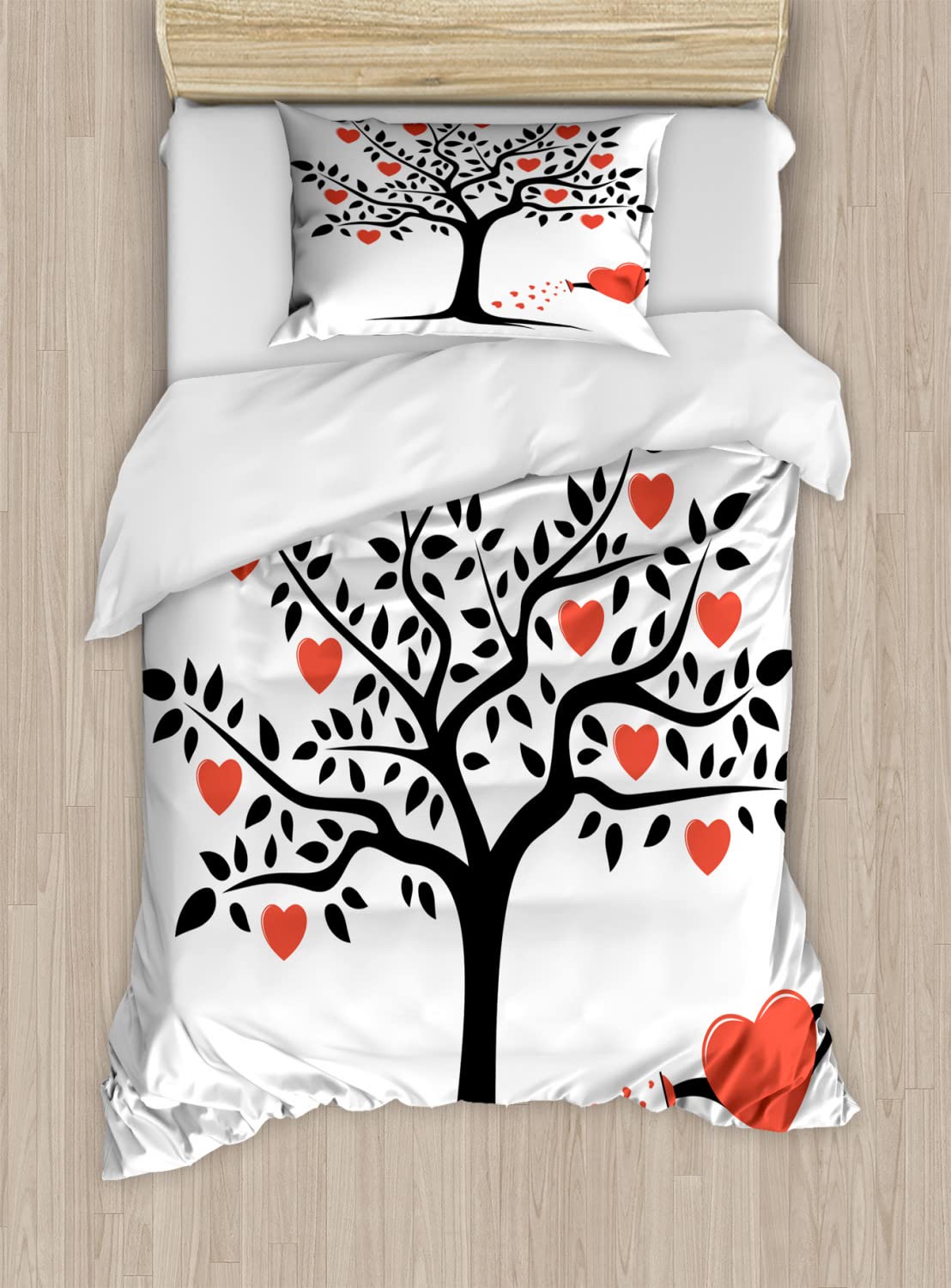 Ambesonne Valentine's Day Duvet Cover Set - Romantic Love Tree with Hearts, Fruits & Leaves Forest Design - 2 Pack King Size Bedding Set (2 Duvet Covers + 4 Pillowcases) in Vermilion & Black - Perfect for Couples' Bedroom Decor & Anniversary Gifts