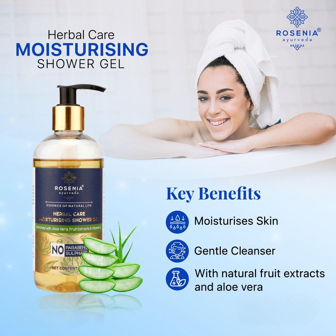 Rosenia Ayurveda Moisturizing Shower Gel for Men & Women - Aloe Vera, Fruit Extracts & Vitamin C Enriched - 300ml | Hydrating Body Wash for Dry Skin, Daily Shower & Spa Relaxation