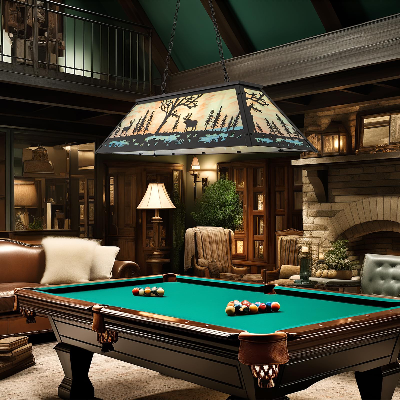 Wellmet 47in Tiffany Pool Table Light - Rustic 4-Light Billiard Hanging Fixture for 7' 8' 9' Pool Tables, Farmhouse Chandelier for Snooker Tables, Game Rooms, Dining Rooms, Kitchen Islands, and Cabin Decor
