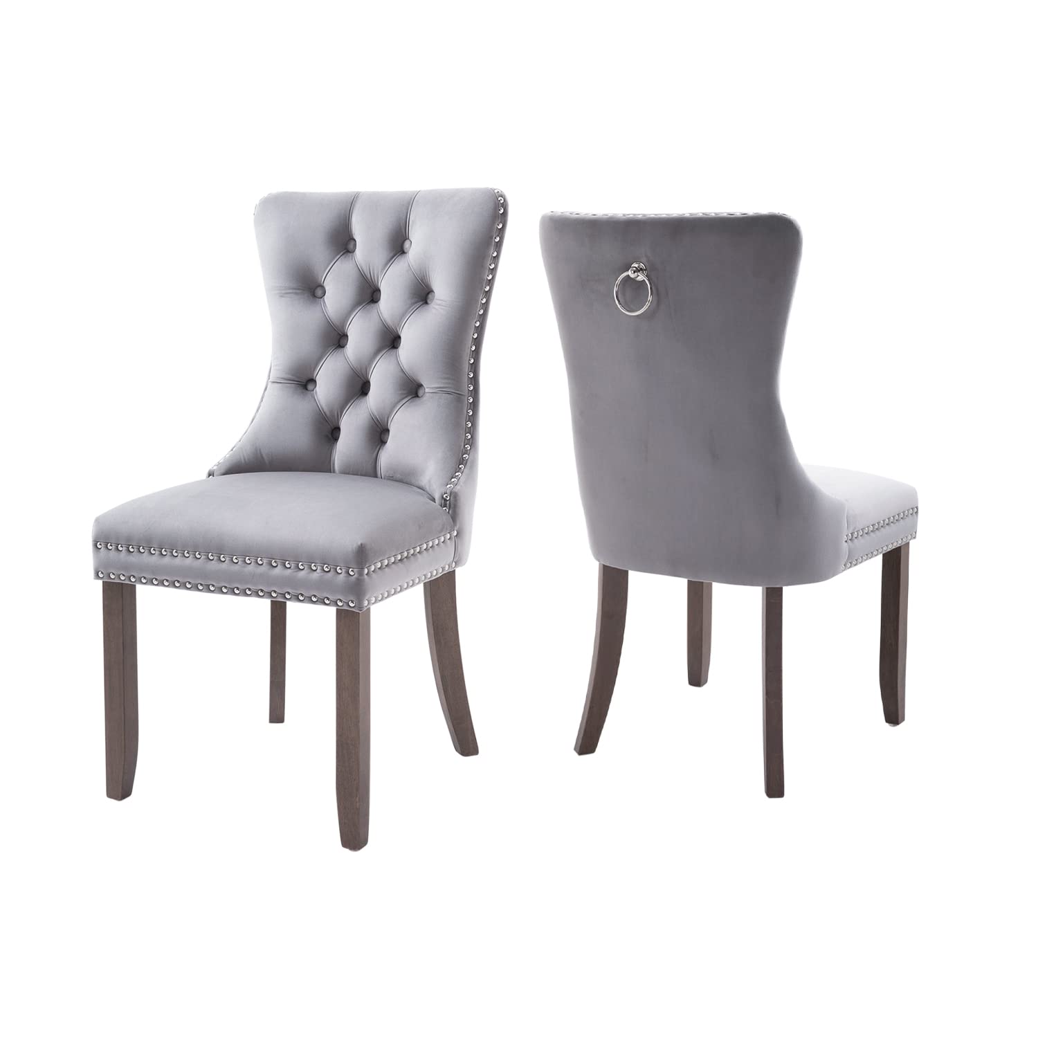Virabit Tufted Velvet Dining Chairs Set of 2 - Upholstered Kitchen Chairs with Nailhead Trim & Wood Legs - Elegant Light Grey Accent Chairs for Dining Room, Bedroom or Office Decor