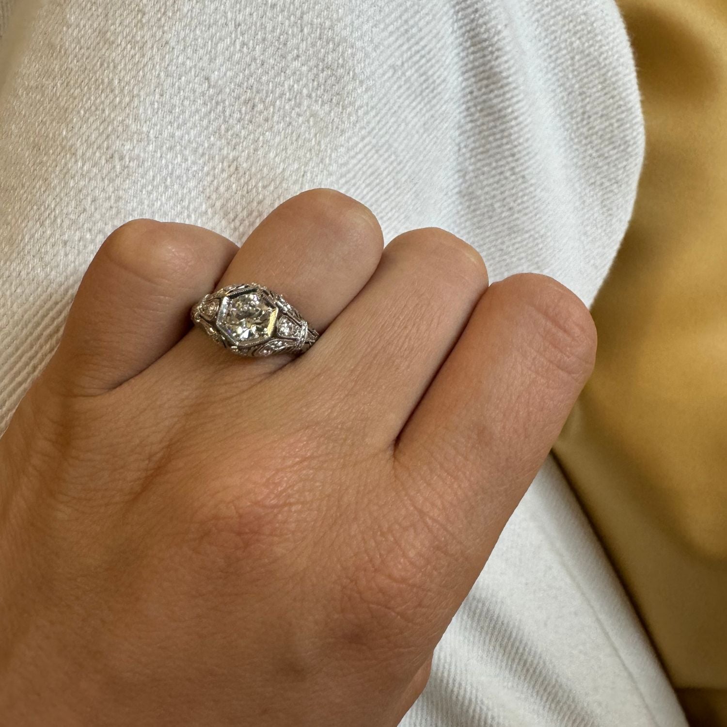 Vintage Art Deco 1.09ctw Old Mine Cut Diamond Platinum Filigree Ring for Wedding, Engagement & Special Occasions