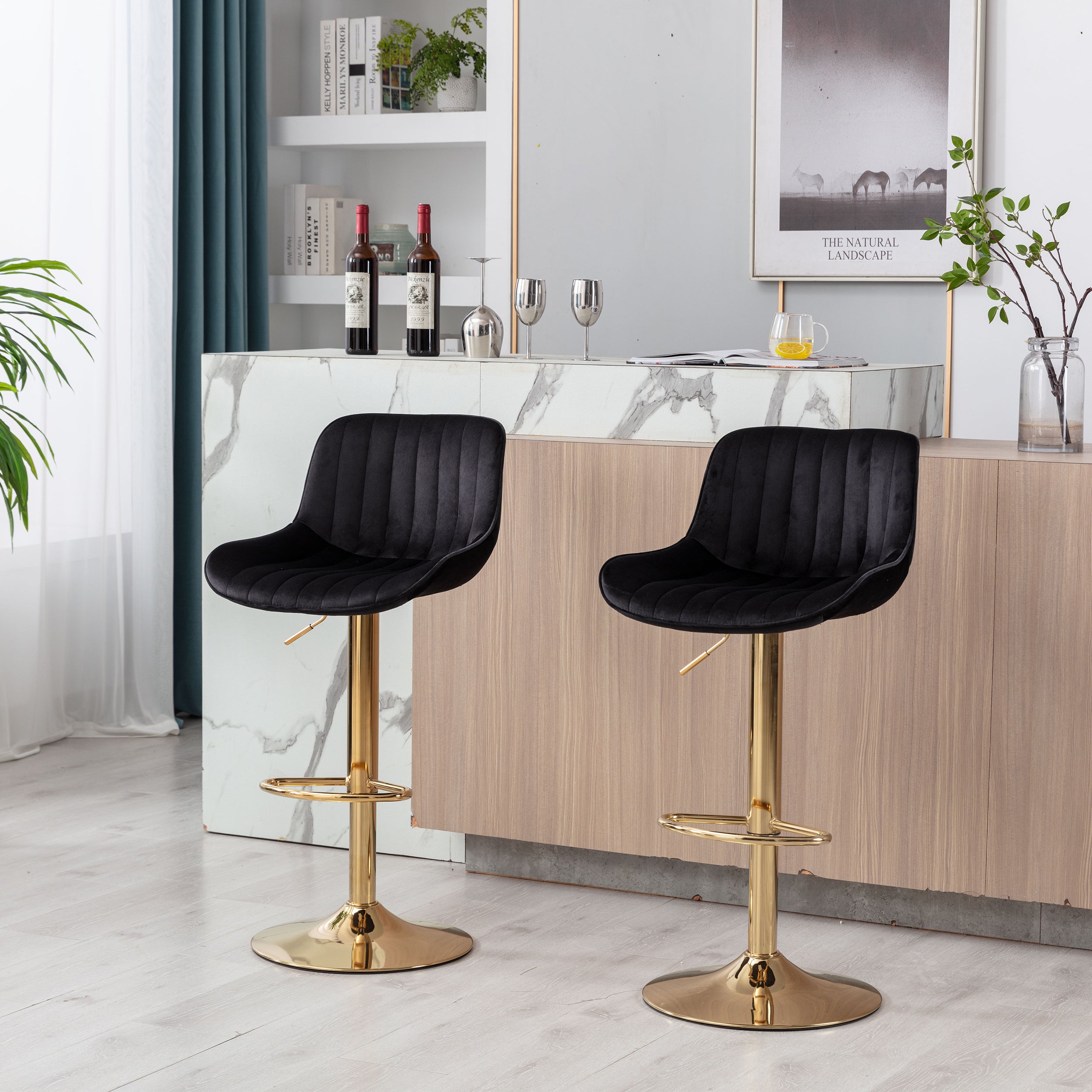 **Adjustable Chrome Footrest Swivel Bar Stool Set of 2 - Black Velvet Seat with Golden Legs for Kitchen Counter, Home Bar & Dining Room**