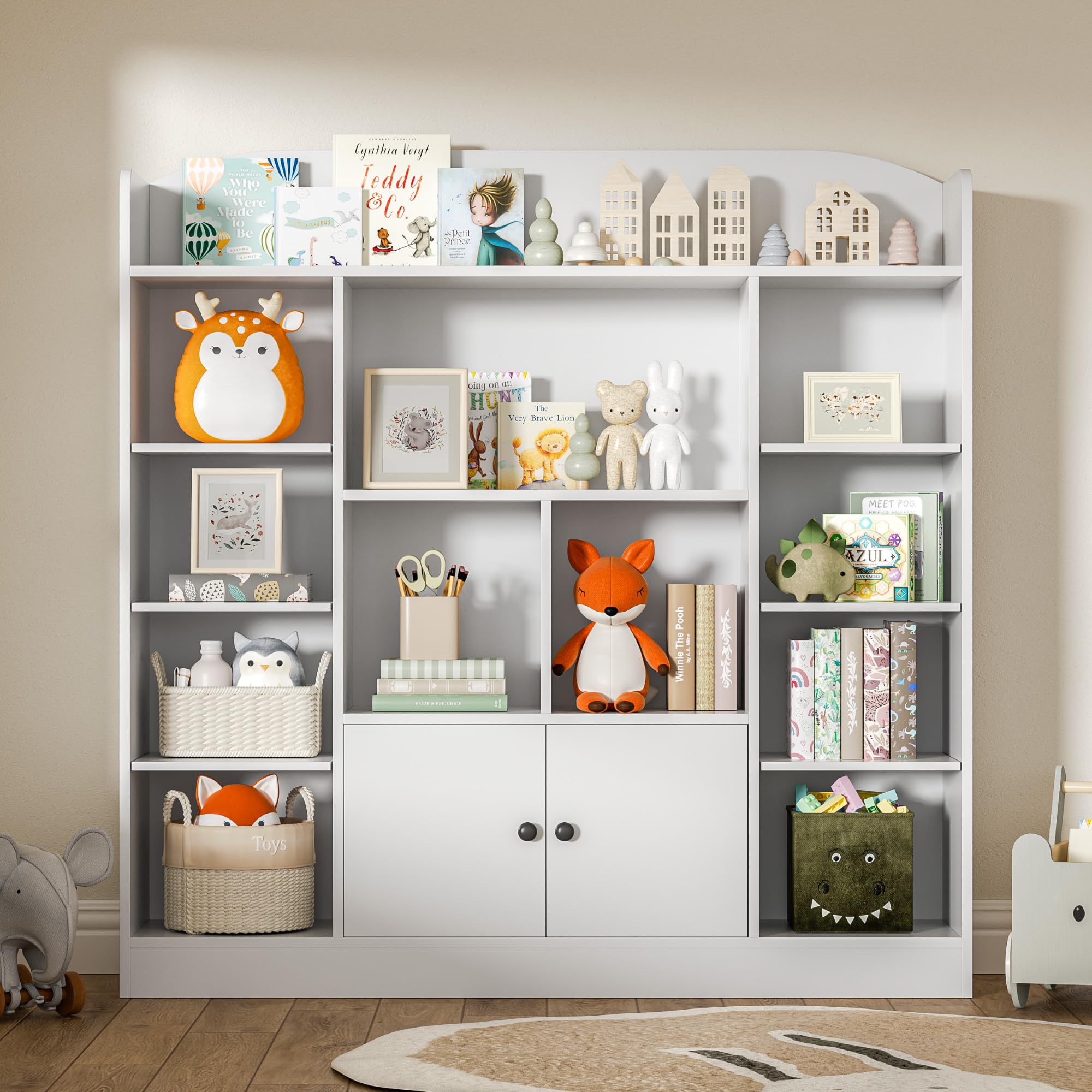 White Kids Bookshelf with 11 Cubbies & 2 Cabinets - Sturdy Freestanding Book Storage Organizer for Bedroom, Playroom, Nursery & Hallway - Perfect for Storytime, Toy Storage & Kids Room Decor