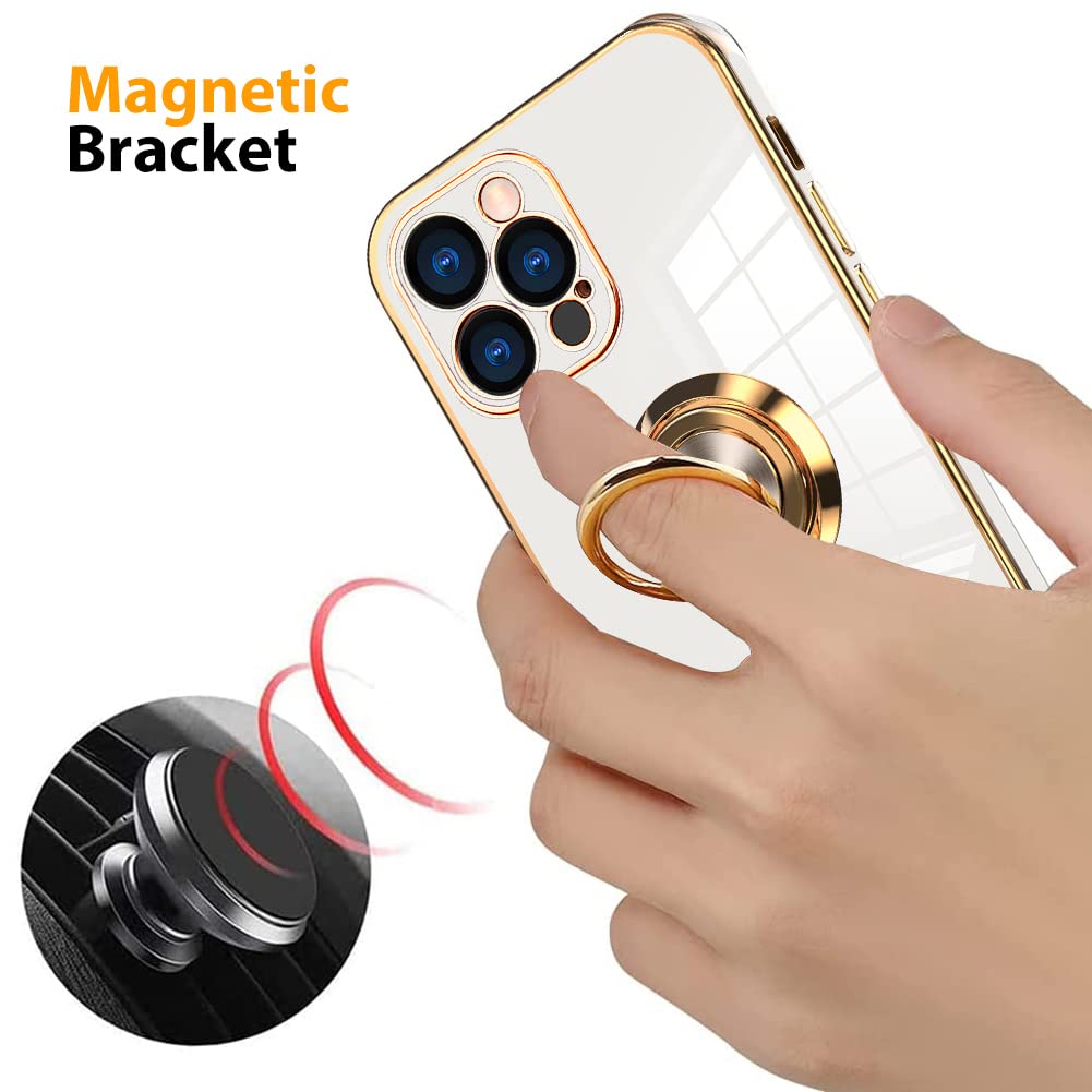 Magnetic iPhone 13 Pro Case 6.1 Inch with 360° Rotating Kickstand & Screen Protector - Shockproof Slim Bumper Cover, Soft Edges (White) | Perfect for Work, Travel & Everyday Protection