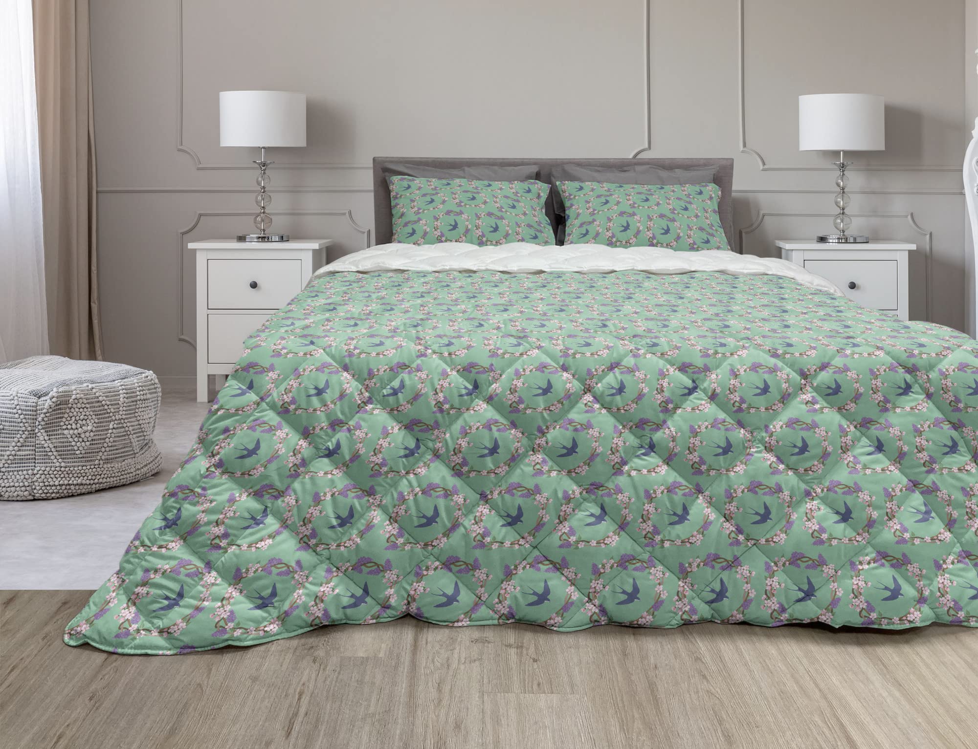 Ambesonne Wedding Comforter Set - 3 Piece Queen Size Duvet Cover with Sham, Romantic Sakura Flower & Swallow Birds Design, Microfiber Filling, Sea Green & Violet - Perfect for Bridal Bedroom Decor, Honeymoon Suite, and Anniversary Gifts