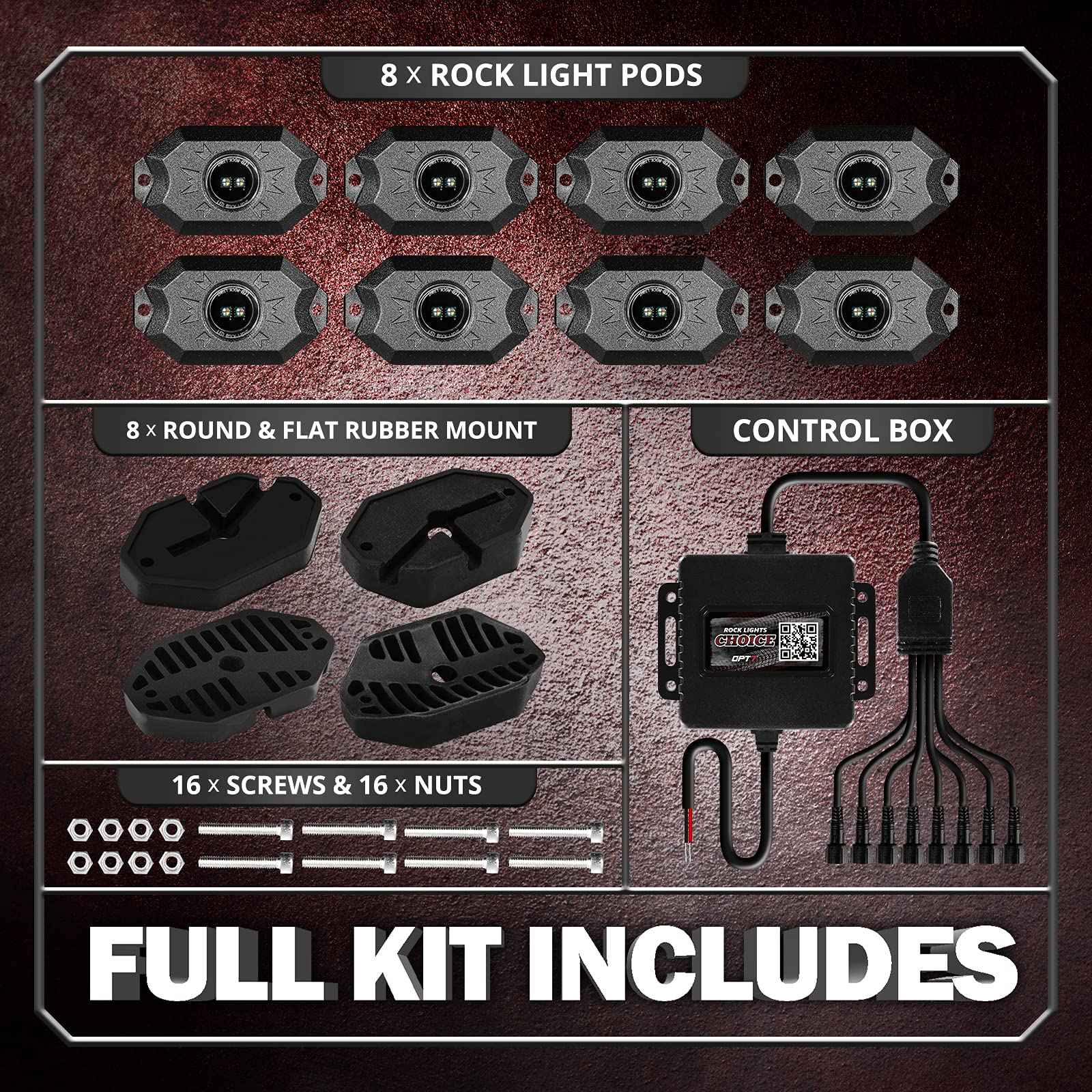OPT7 Rock Lights 8 Pods LED RGBW Underglow Lighting Kit - Bluetooth APP Control, RGB & True White with SoundSync, 16 Million Colors & 20 Modes, IP68 Waterproof for Offroad Trucks, RZR, ATV, UTV - Perfect for Night Rides, Car Shows & Off-Road Adventures