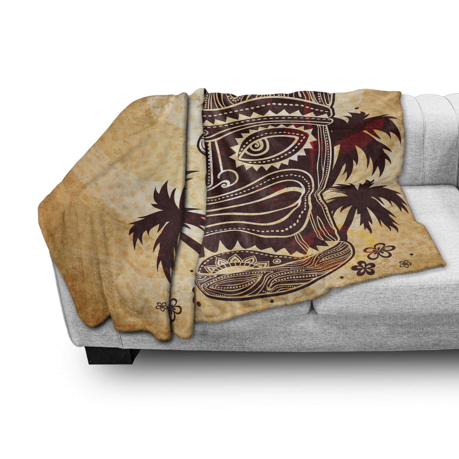 Ambesonne Tribal Throw Blanket - Soft Flannel Fleece Accent Blanket with Totem Tiki & Palm Tree Design on Polka Dot Backdrop, 60