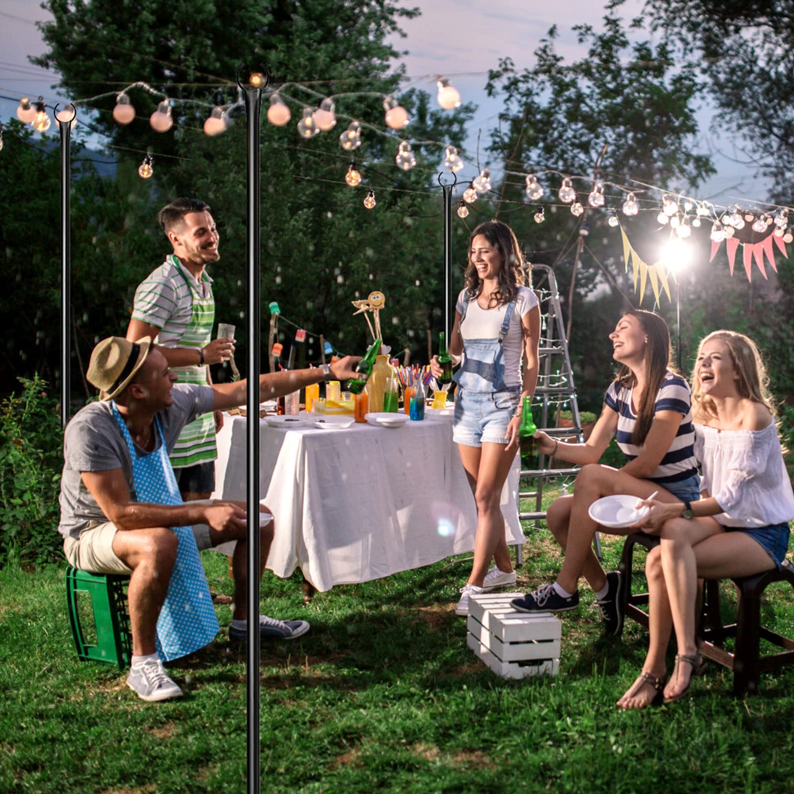 Walensee 4 Pack String Light Poles with Hook - 9.4FT Outdoor Metal Lighting Poles for Hanging String Lights - Garden & Patio Decor - 5-Prong Fork Steel Stand Holder - Perfect for Holidays, Weddings, Easter, Parties & Backyard Gatherings - Create Magical Outdoor Ambiance
