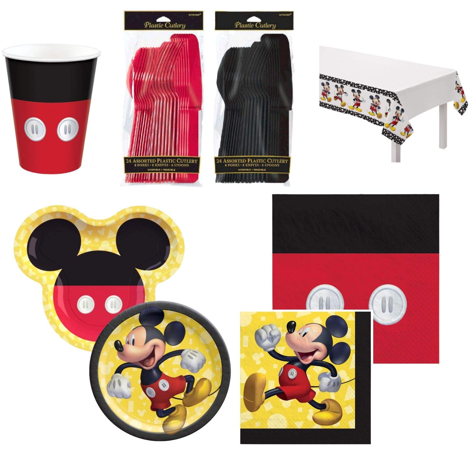 Mickey Mouse Birthday Party Supplies Set - 100 Pcs Disney Mickey Forever Design Includes Plates, Napkins, Cups, Cutlery & Plastic Table Cover - Perfect for Kids Birthday Parties, Themed Events & Disney Celebrations