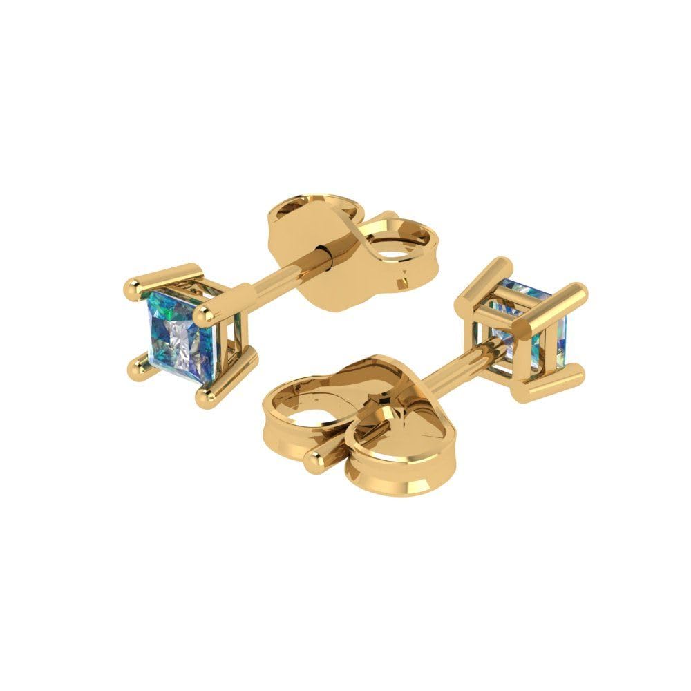0.50 Carat Princess Cut Genuine Blue Moissanite Stud Earrings - 14K Solid Yellow Gold Push Back - Perfect for Weddings, Anniversaries & Special Occasions