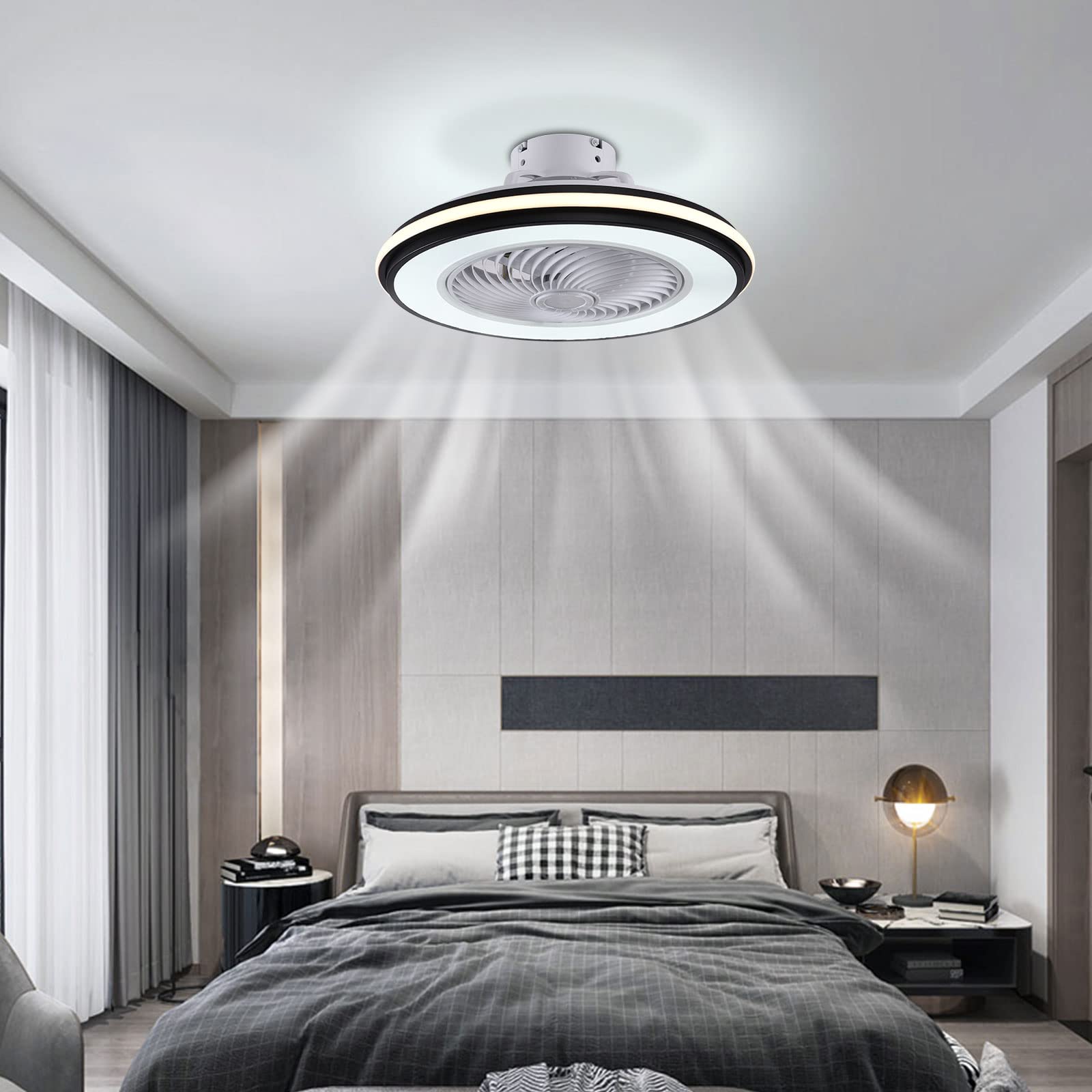 20-inch Bladeless Ceiling Fan with Remote Control - Dimmable LED Light, 3 Color Temperatures, Low Profile Design (36-48W) - Modern Semi-Flush Mount Enclosed Fan for Bedroom, Kids Room, Nursery - Black with Timer Function | Perfect for Small Spaces & Noise-Sensitive Areas