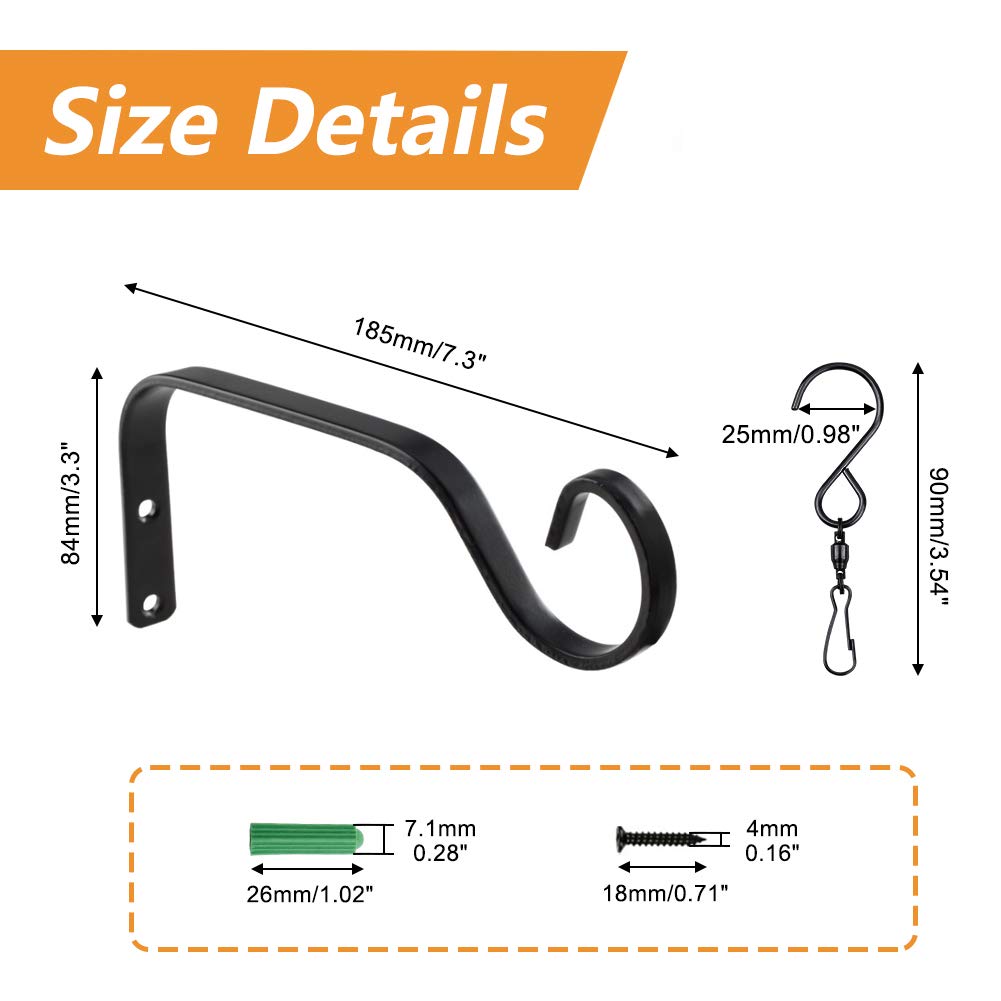 MOROBOR 2 Pack 7.3 Inch Black Rust-Resistant Heavy Duty Flower Basket Hangers - Decorative Wrought Iron Plant Hooks for Lanterns, Plants, Wind Chimes - Perfect for Indoor/Outdoor Garden, Patio, Balcony Decor