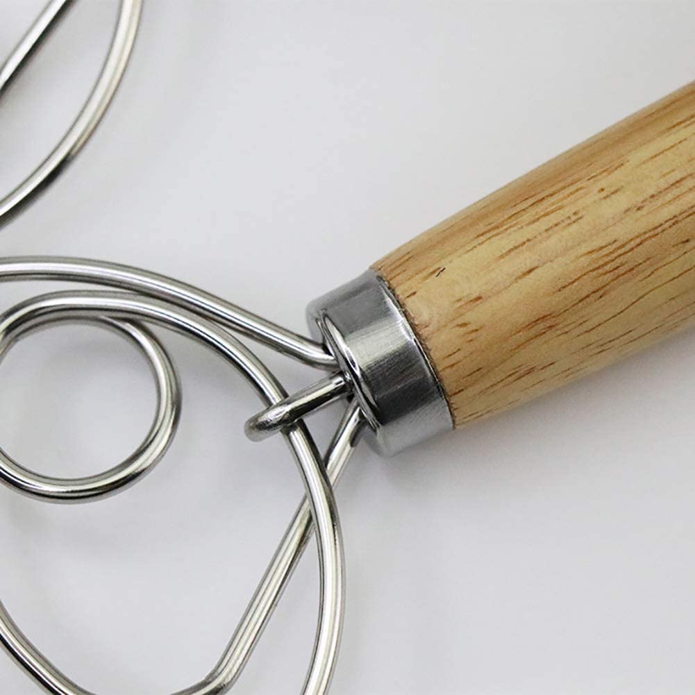 13 Inch Stainless Steel Danish Dough Whisk with Wooden Handle - Double Eye Design for Mixing Bread Dough, Pastry & Baking - Perfect Kitchen Tool for Homemade Bread, Pizza Dough & Cookies